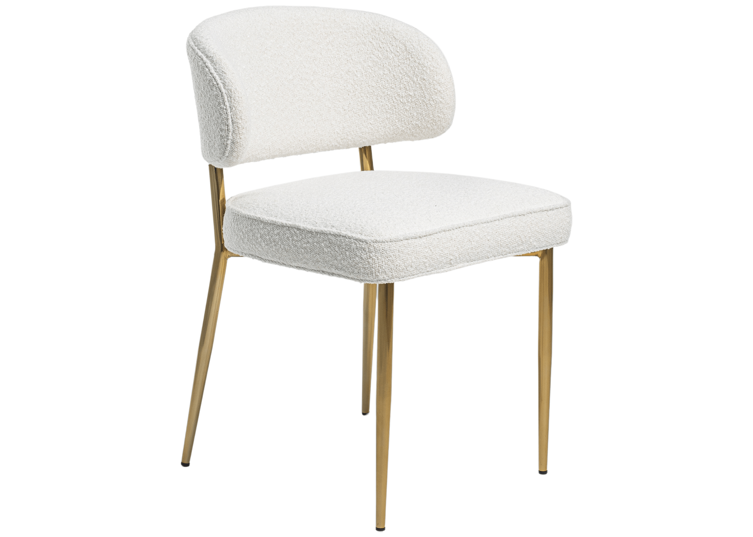Cadeira Baggio estofada em boucle branco com base em aço inox dourado design contemporâneo
