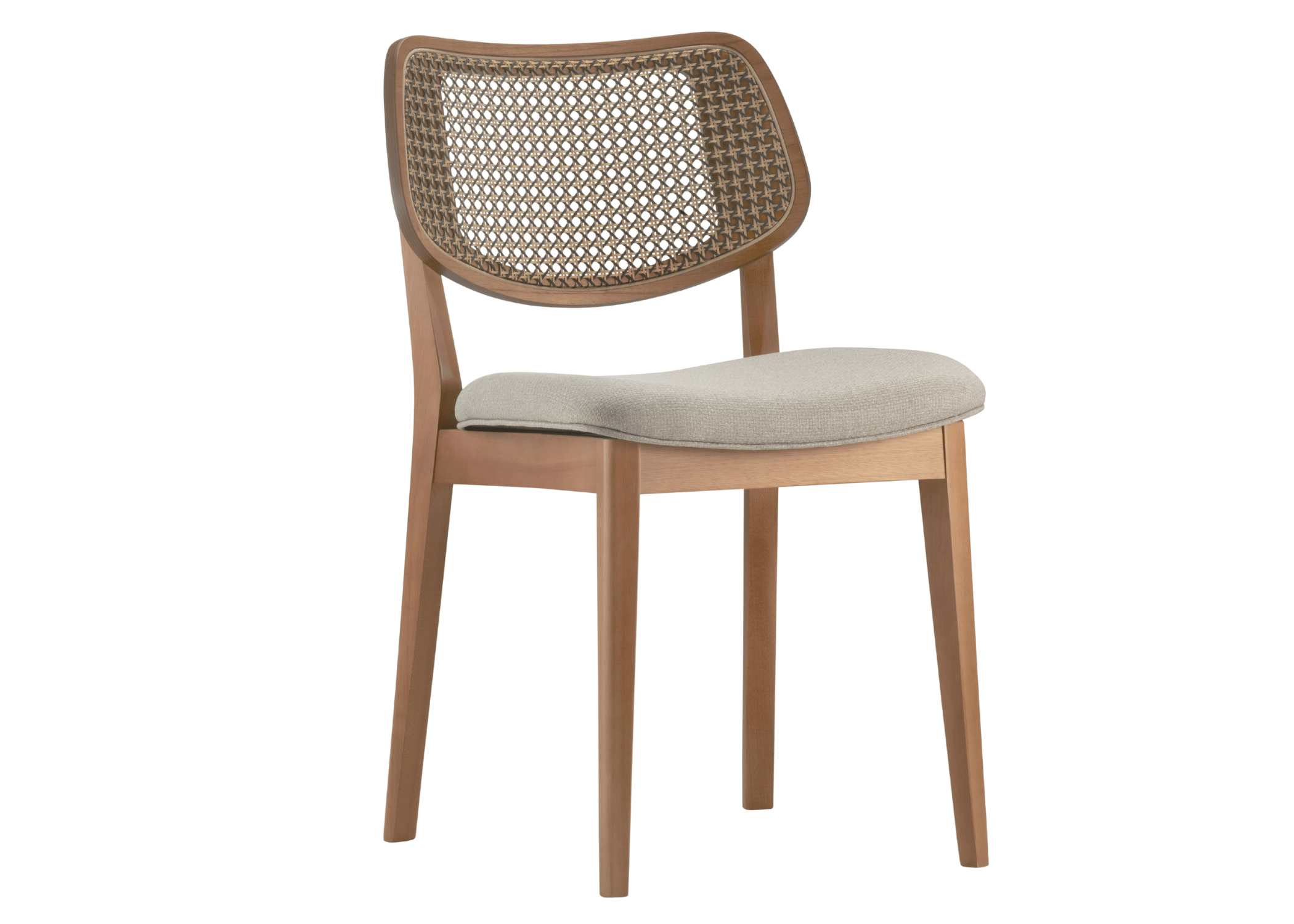 Cadeira Barry com lâmina de madeira e encosto em tela, apresentando design confortável e sofisticado, ideal para compor ambientes modernos e elegantes.