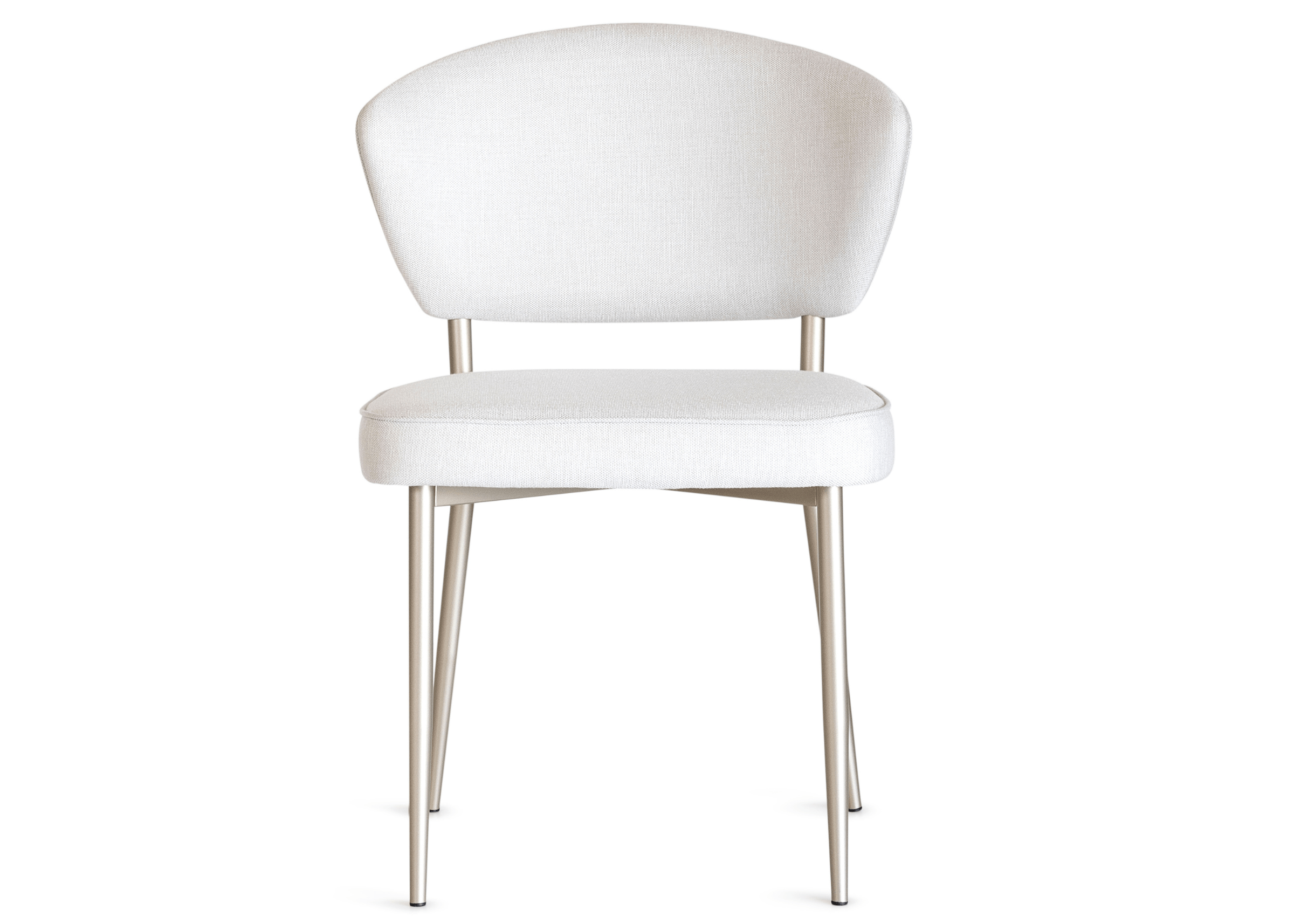 Cadeira Braid estofada em tecido claro com base em aço inox vista de frente