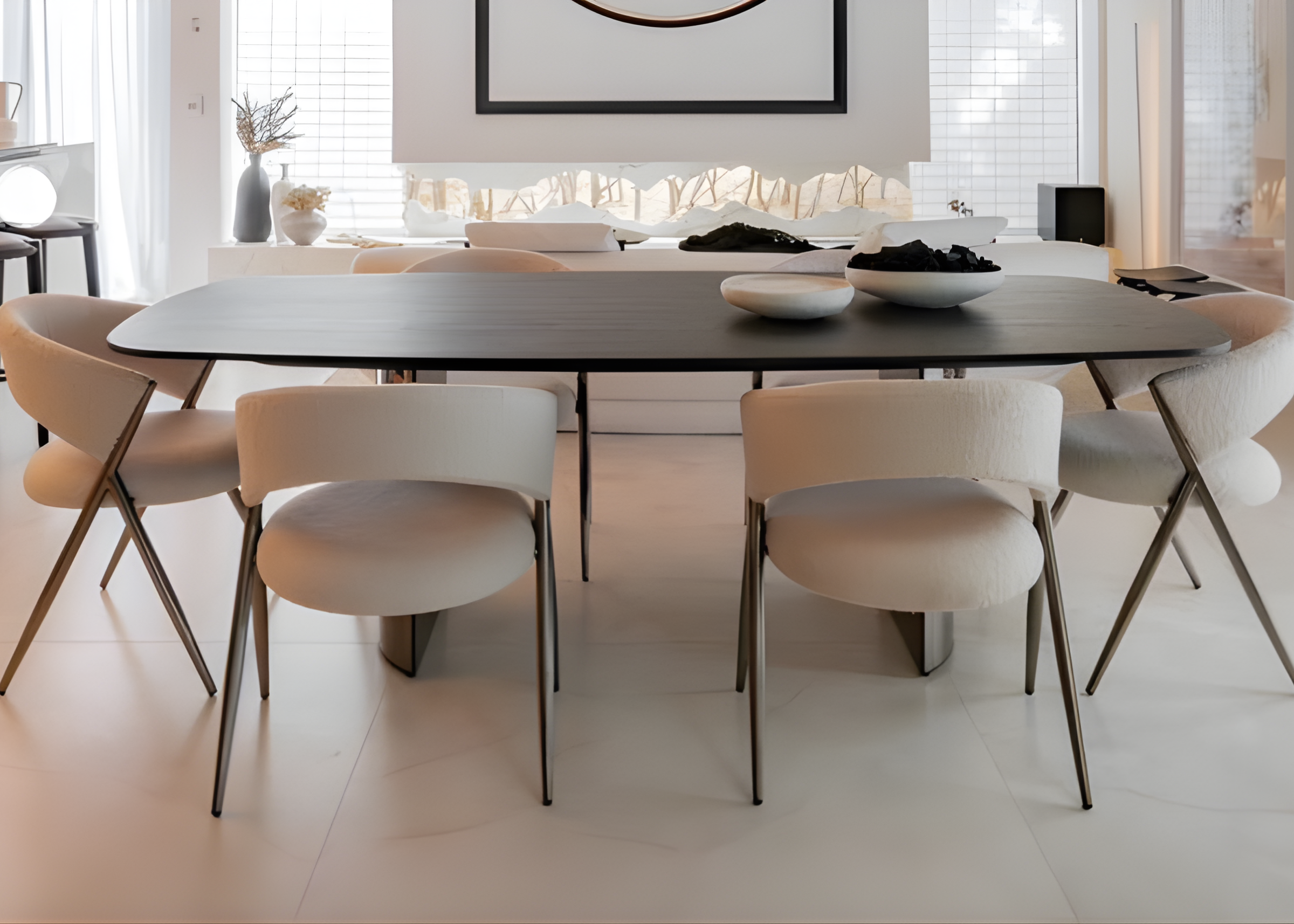 Cadeira Channel elegante, revestida em tecido boucle off-white, ideal para a sala de jantar. Combina conforto e sofisticação, valorizando o ambiente com seu design refinado.