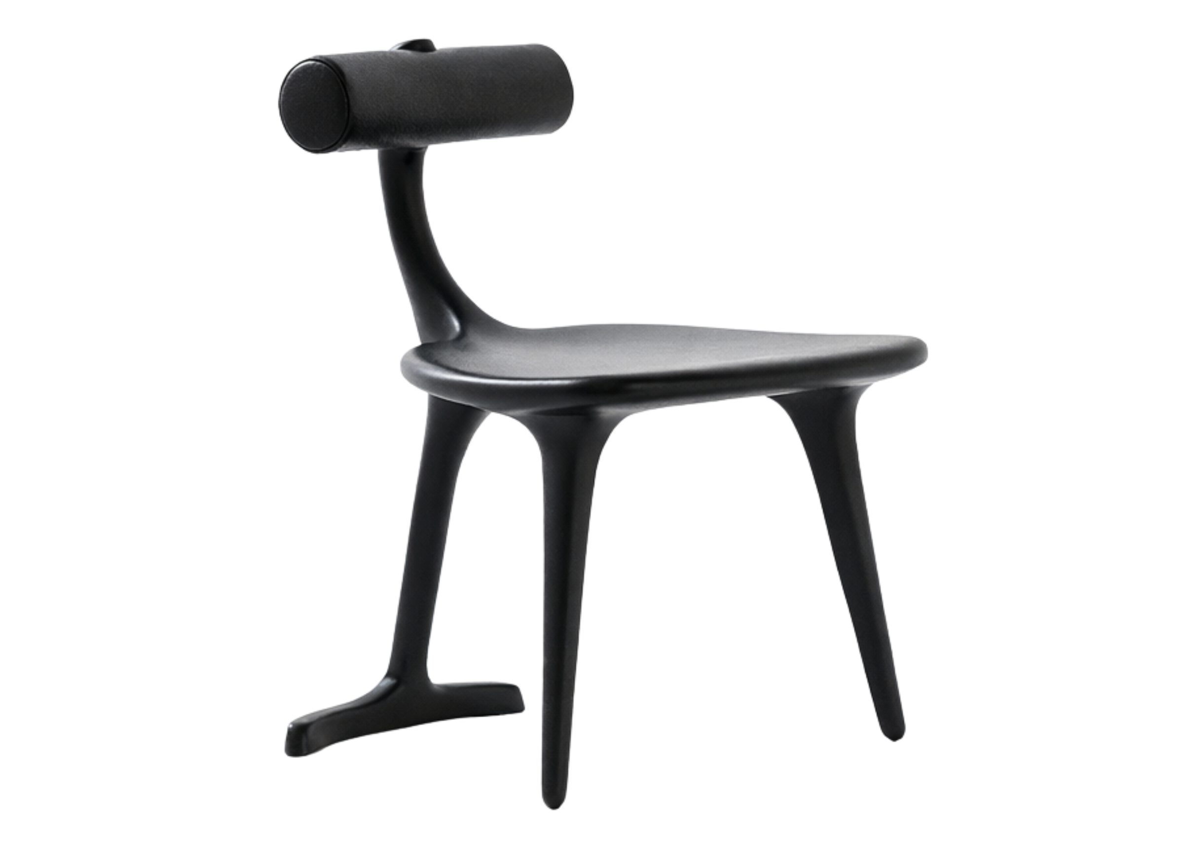 Cadeira Cilindro com encosto rolinho estofado e base em madeira, unindo conforto, elegância e design contemporâneo para ambientes sofisticados.