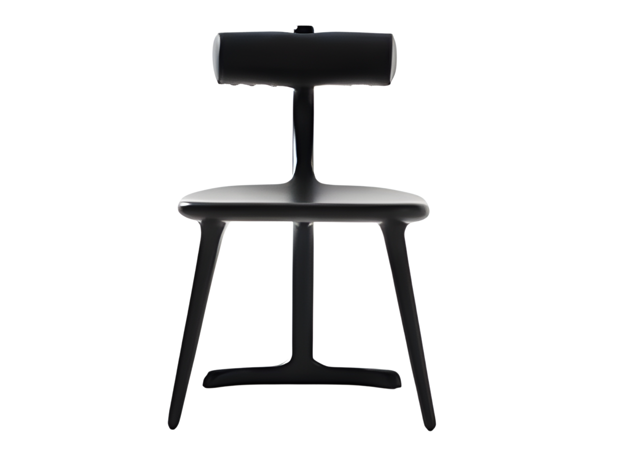 Cadeira Cilindro em vista frontal, com base em madeira tingida ebanizado, destacando design elegante e conforto para ambientes sofisticados.