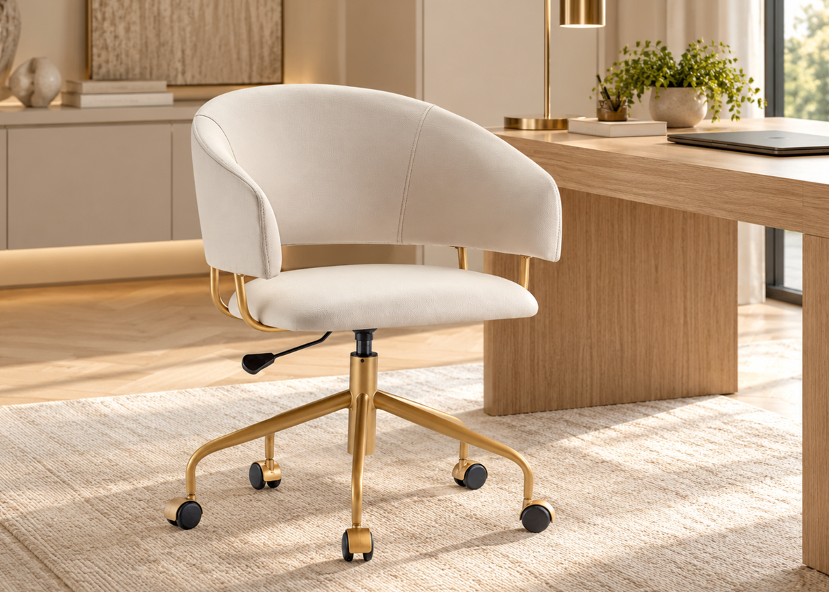 Cadeira de escritório Rex em ambiente aconchegante e elegante, destacando o design moderno e o acabamento sofisticado para compor espaços de trabalho confortáveis e refinados.