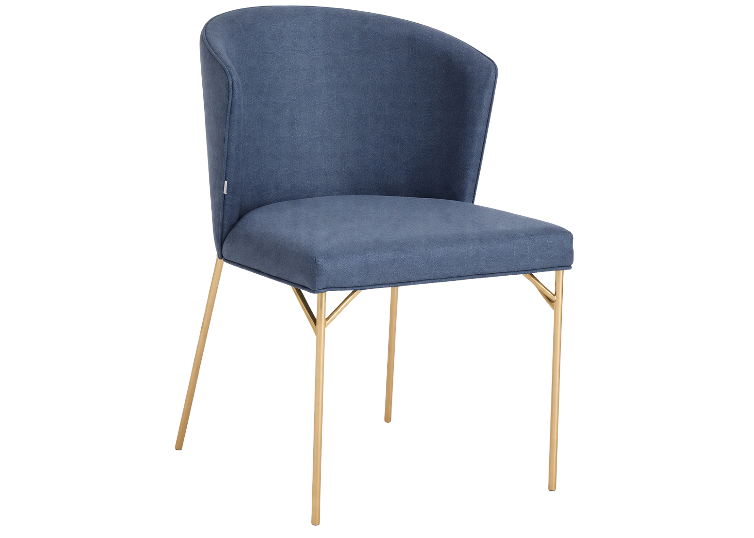 Cadeira Donna com revestimento azul e estofamento confortável, apresentando design elegante e sofisticado, ideal para compor ambientes modernos.