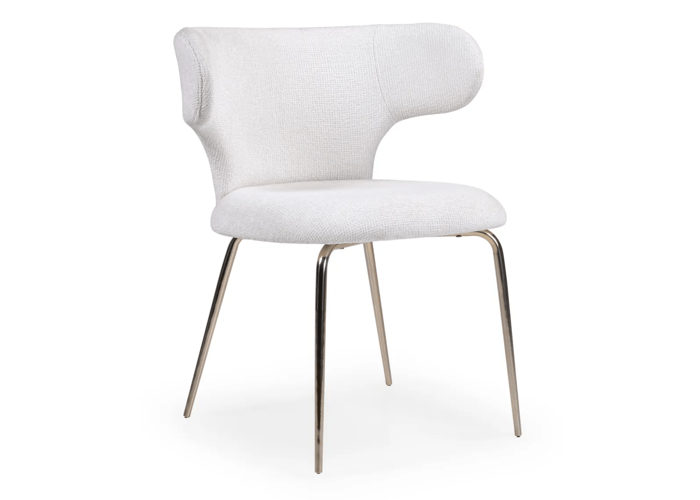 Cadeira Eleganza com design sofisticado e revestimento em tecido de linho branco, proporcionando charme e conforto para composições elegantes de sala de jantar.