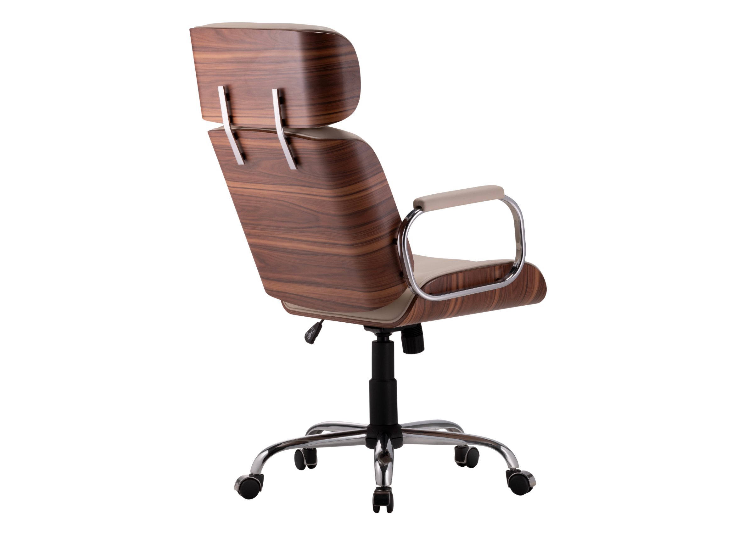 Cadeira de escritório Plenitude com detalhe nas costas em lâmina de madeira. Móvel sofisticado e elegante para ambientes de trabalho modernos.