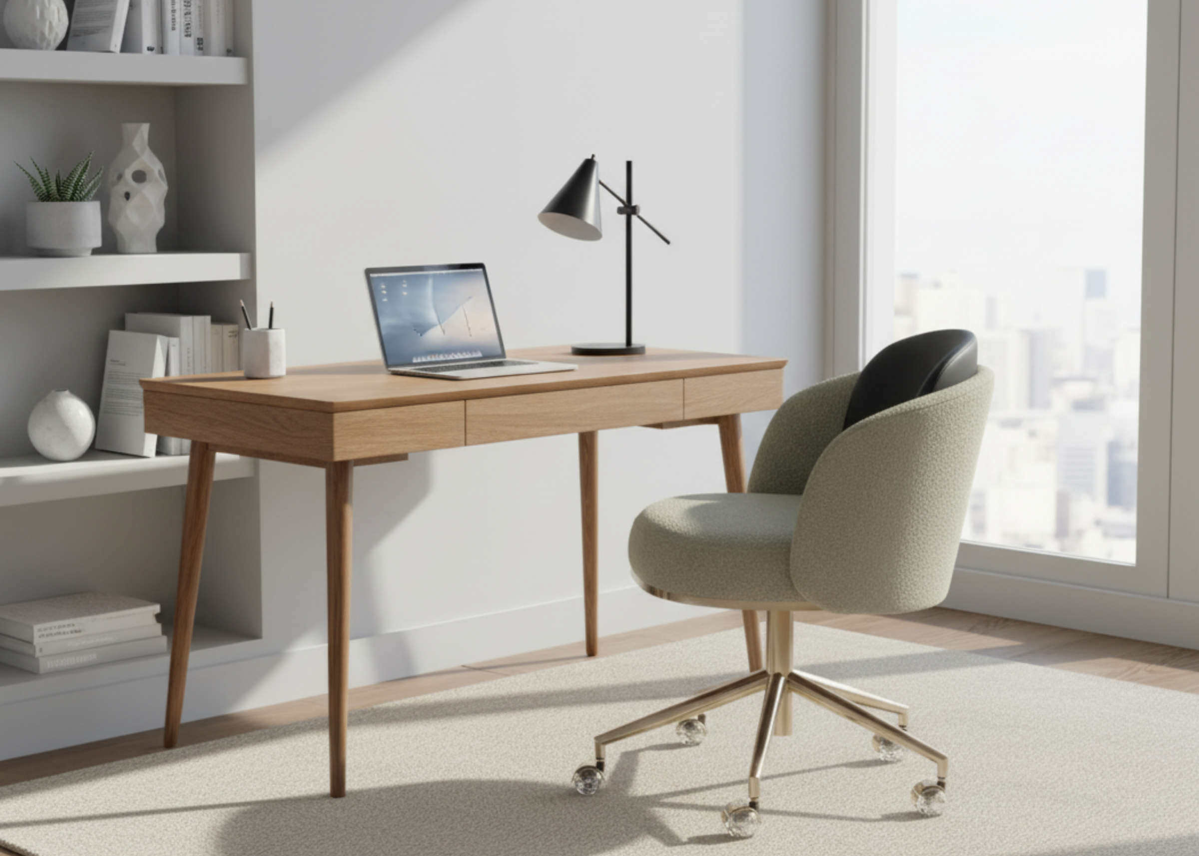 Cadeira de Escritório Eiffel com revestimento em tecido boucle e estrutura em aço inox, oferecendo conforto, sofisticação e design moderno para o ambiente de trabalho.