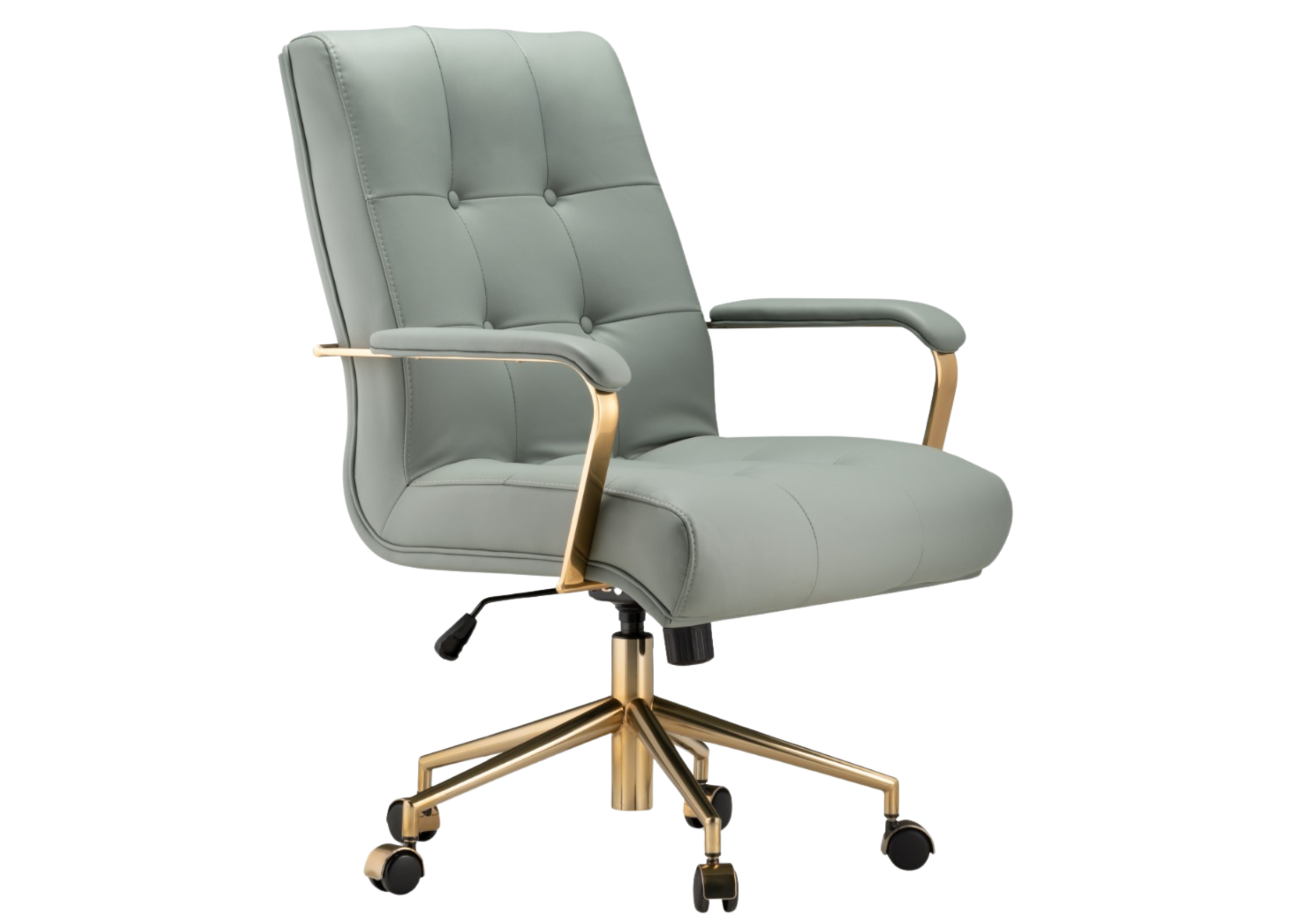 Cadeira de escritório Prisma giratória com base dourada, estofada em couríssimo e design elegante. Móvel sofisticado e funcional para ambientes de trabalho modernos.