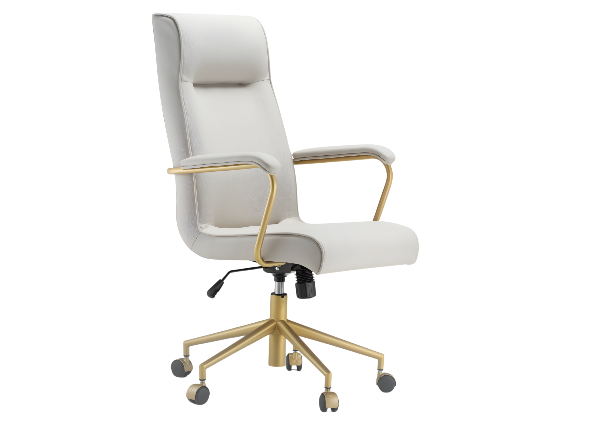 Cadeira de Escritório Riviera com revestimento em couríssimo off-white e base dourada, unindo elegância, conforto e sofisticação para compor espaços de trabalho modernos e refinados.