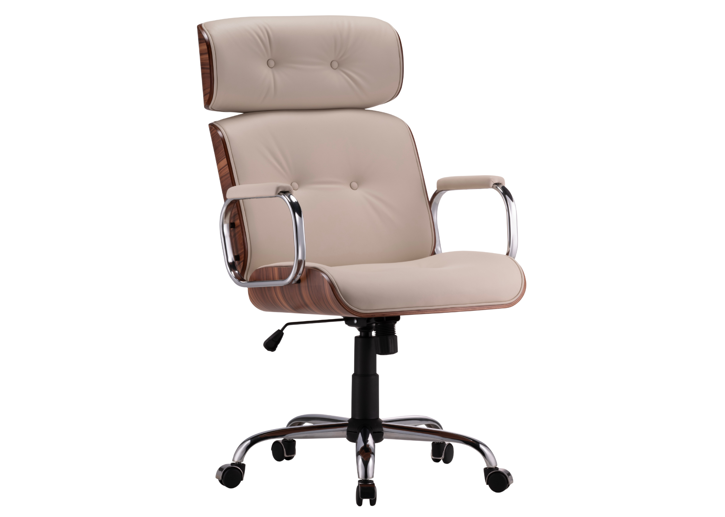 Cadeira de escritório Plenitude estofada em couríssimo off-white. Móvel elegante e funcional para ambientes de trabalho sofisticados.