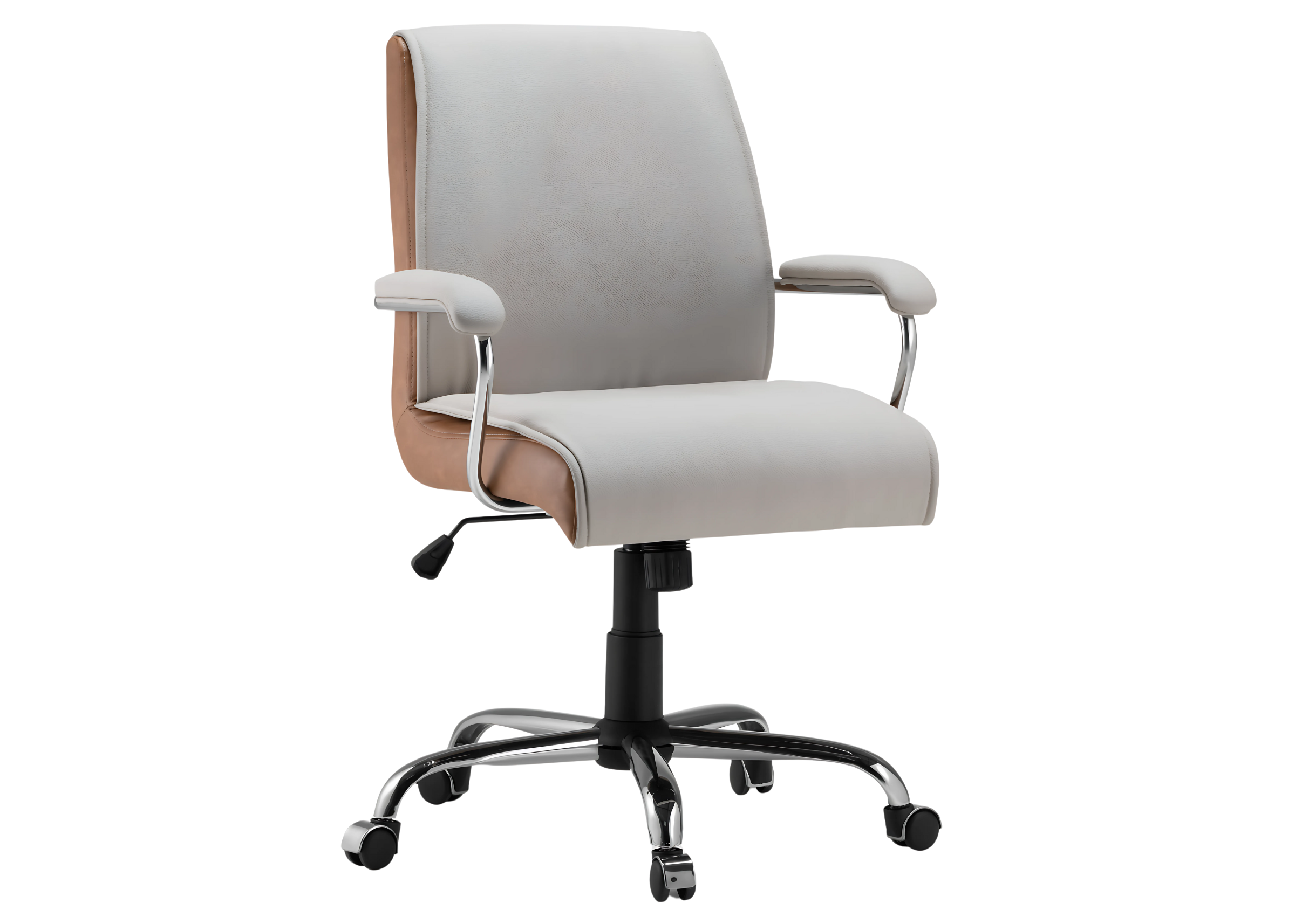 Cadeira Alba estofada com encosto baixo e design giratório em tecido off-white. Móvel elegante e confortável para escritórios e ambientes de trabalho contemporâneos.