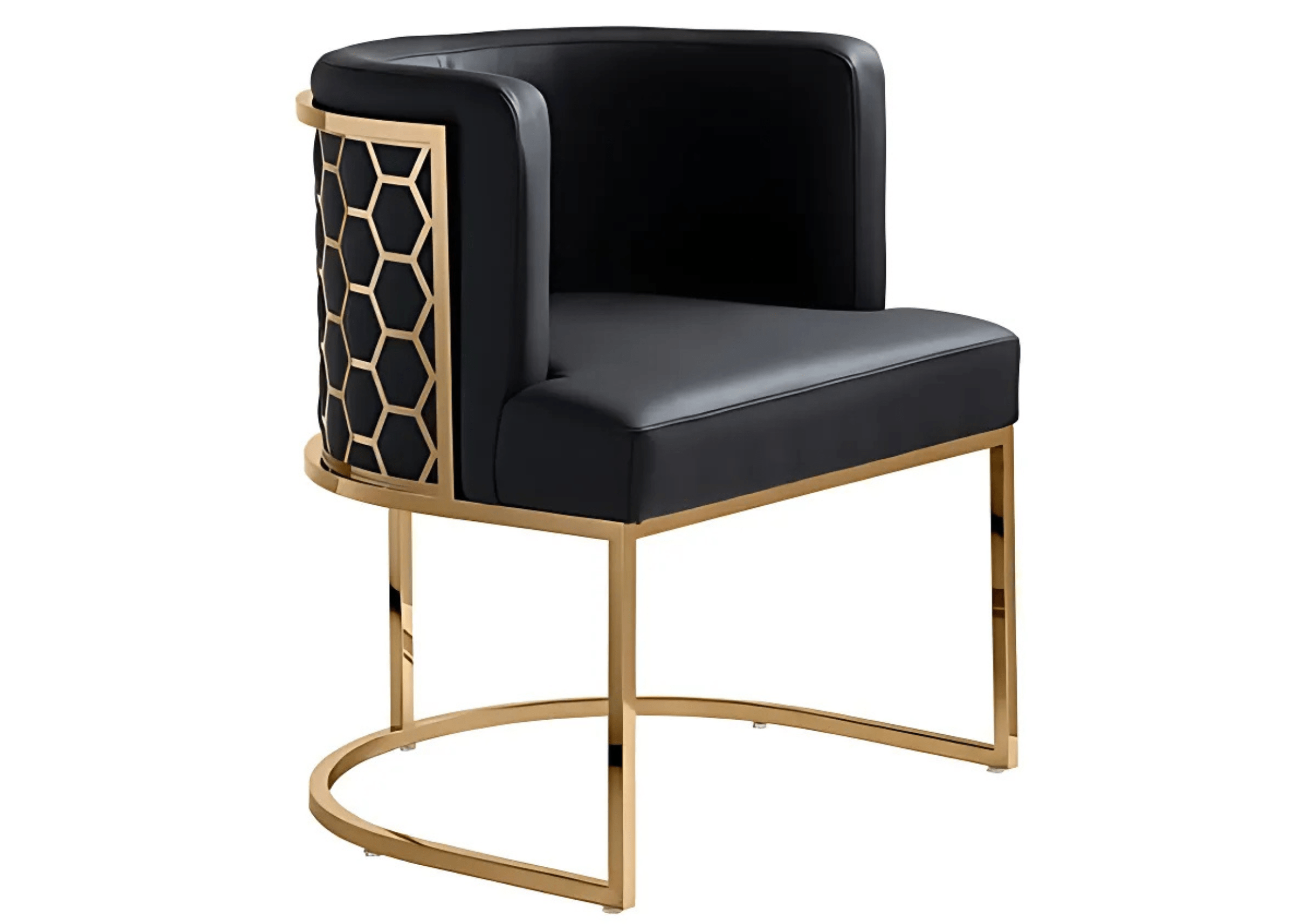 Cadeira Europeia de luxo com estrutura em aço inox dourado e estofado preto.