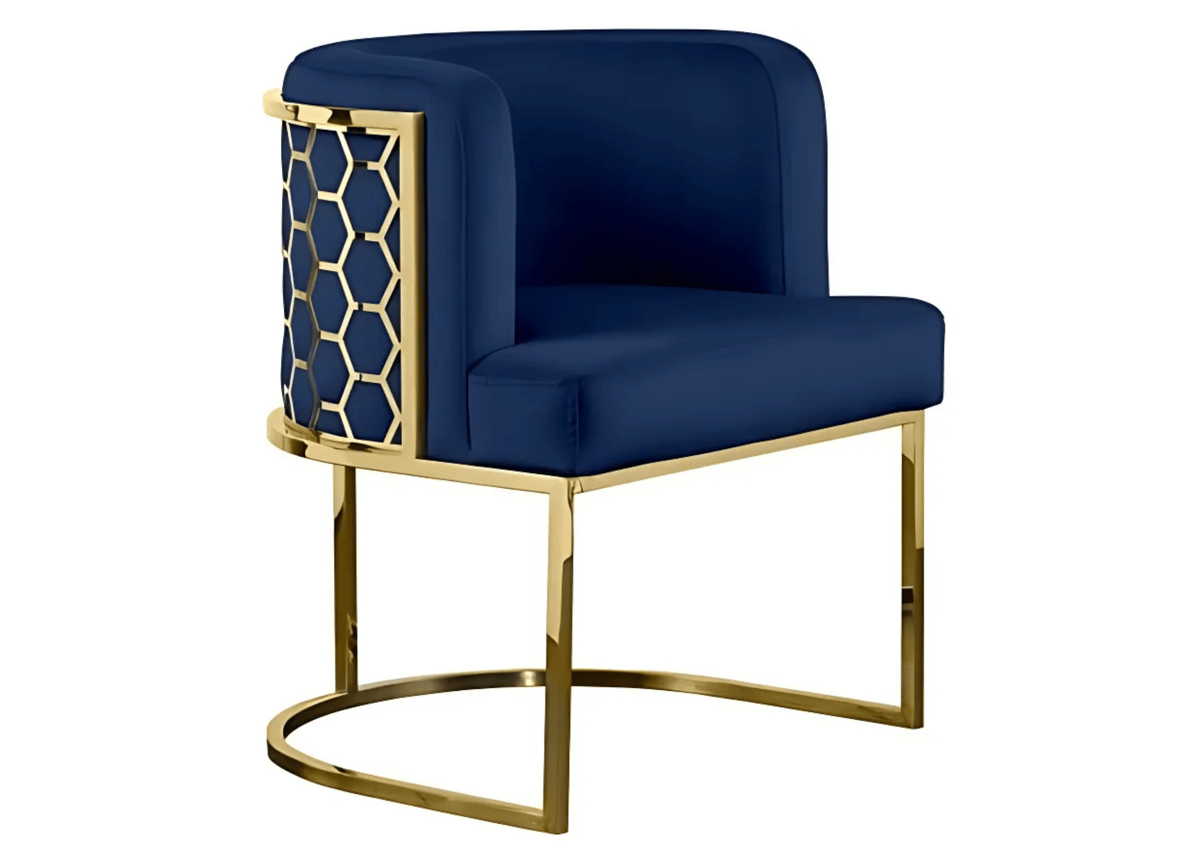 Cadeira Europeia com encosto curvo dourado e assento estofado azul moderno.