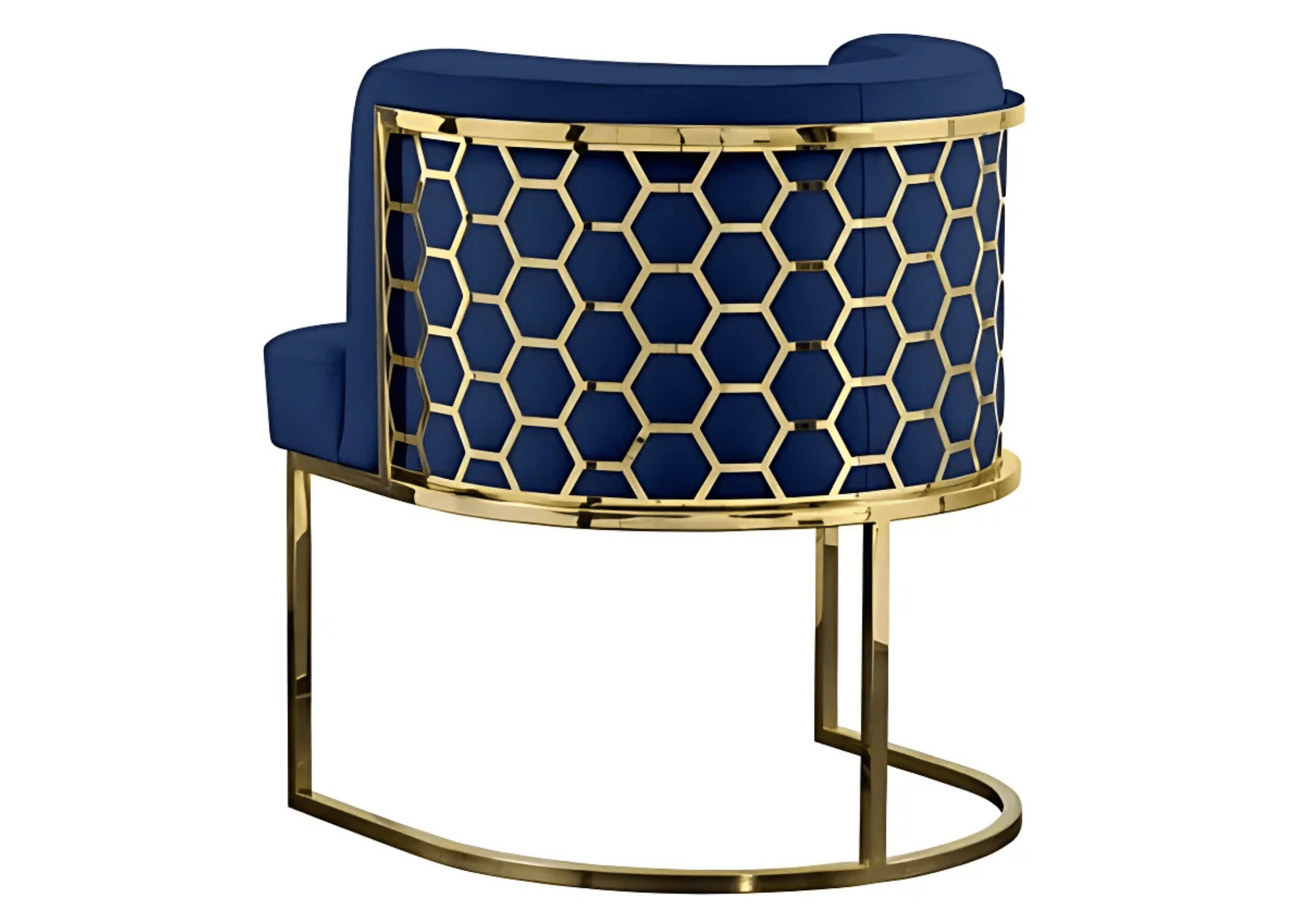 Cadeira Europeia com encosto metálico dourado em favo e estofado azul sofisticado.