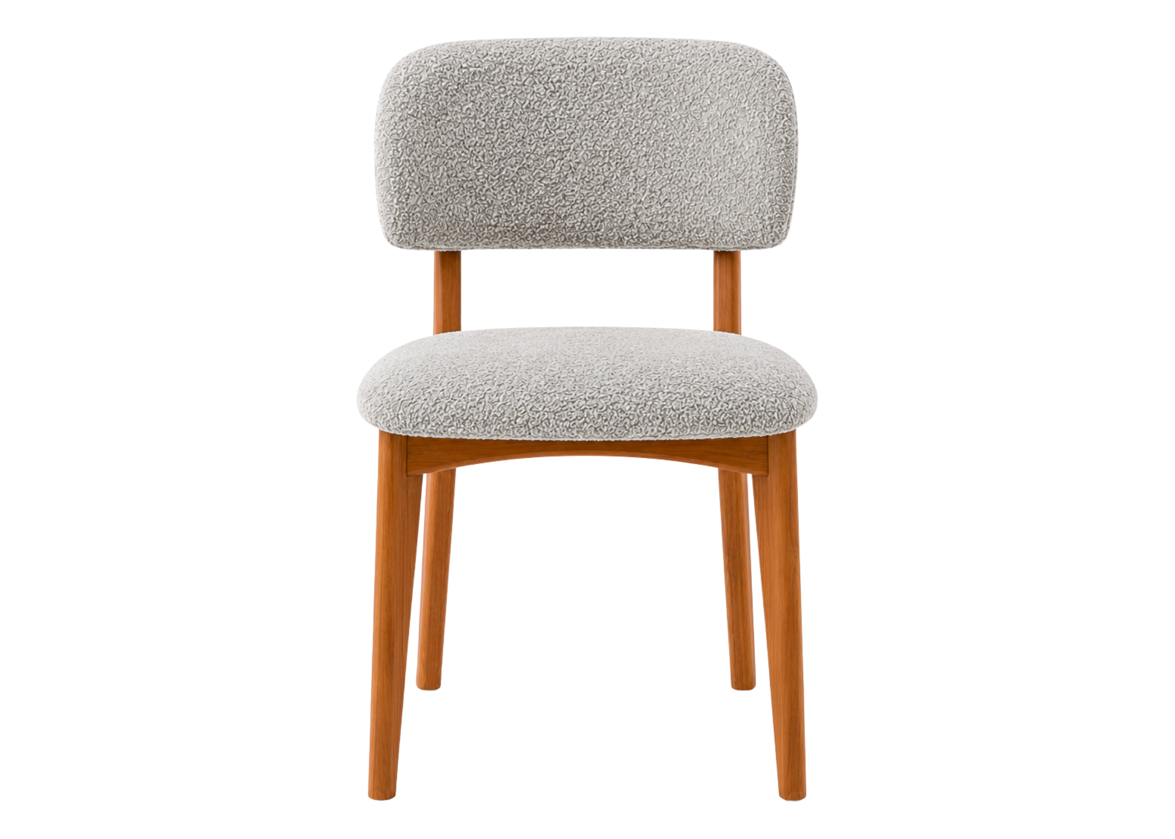 Cadeira Fiore com assento estofado em bouclé off white e base em madeira mel, apresentando conforto e elegância para espaços contemporâneos.