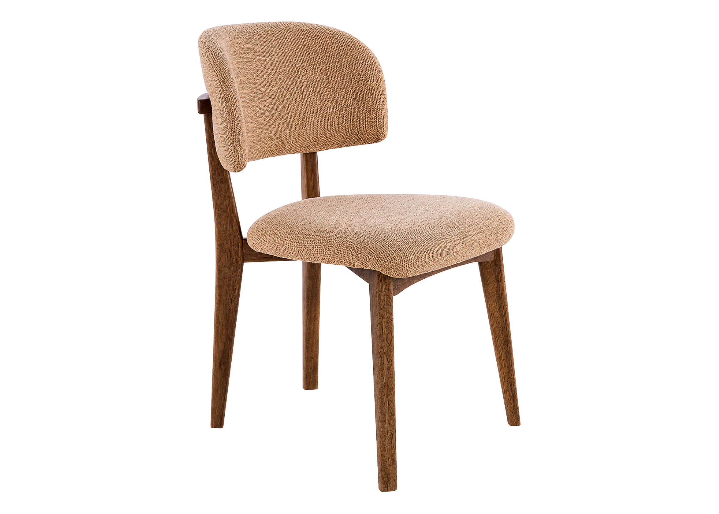 Cadeira Fiore com base em madeira castanho e revestimento em linho marrom claro, apresentando design elegante e confortável para ambientes refinados.