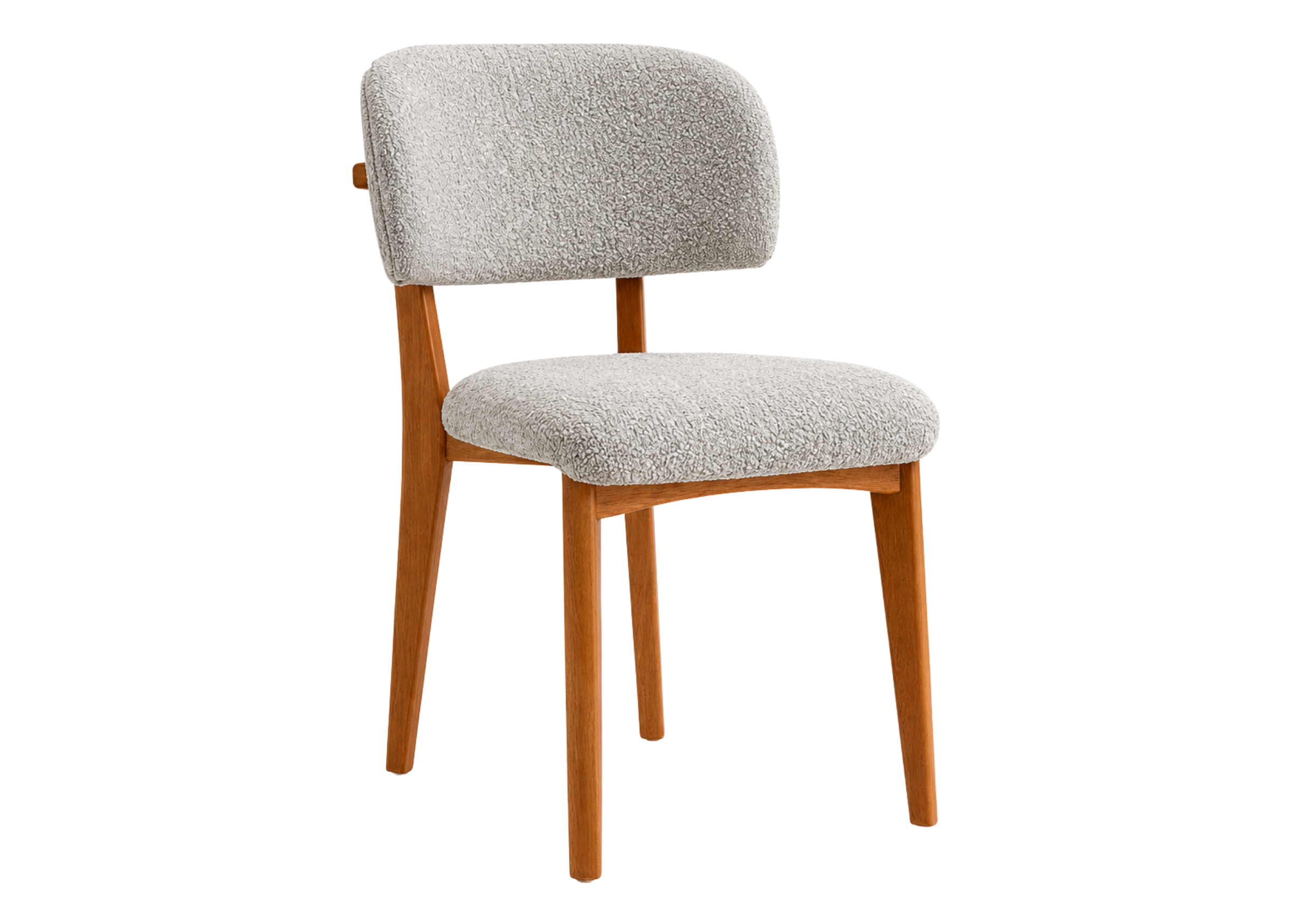 Cadeira Fiore com base em madeira mel e revestimento em bouclé off white, apresentando design elegante e sofisticado para ambientes modernos.