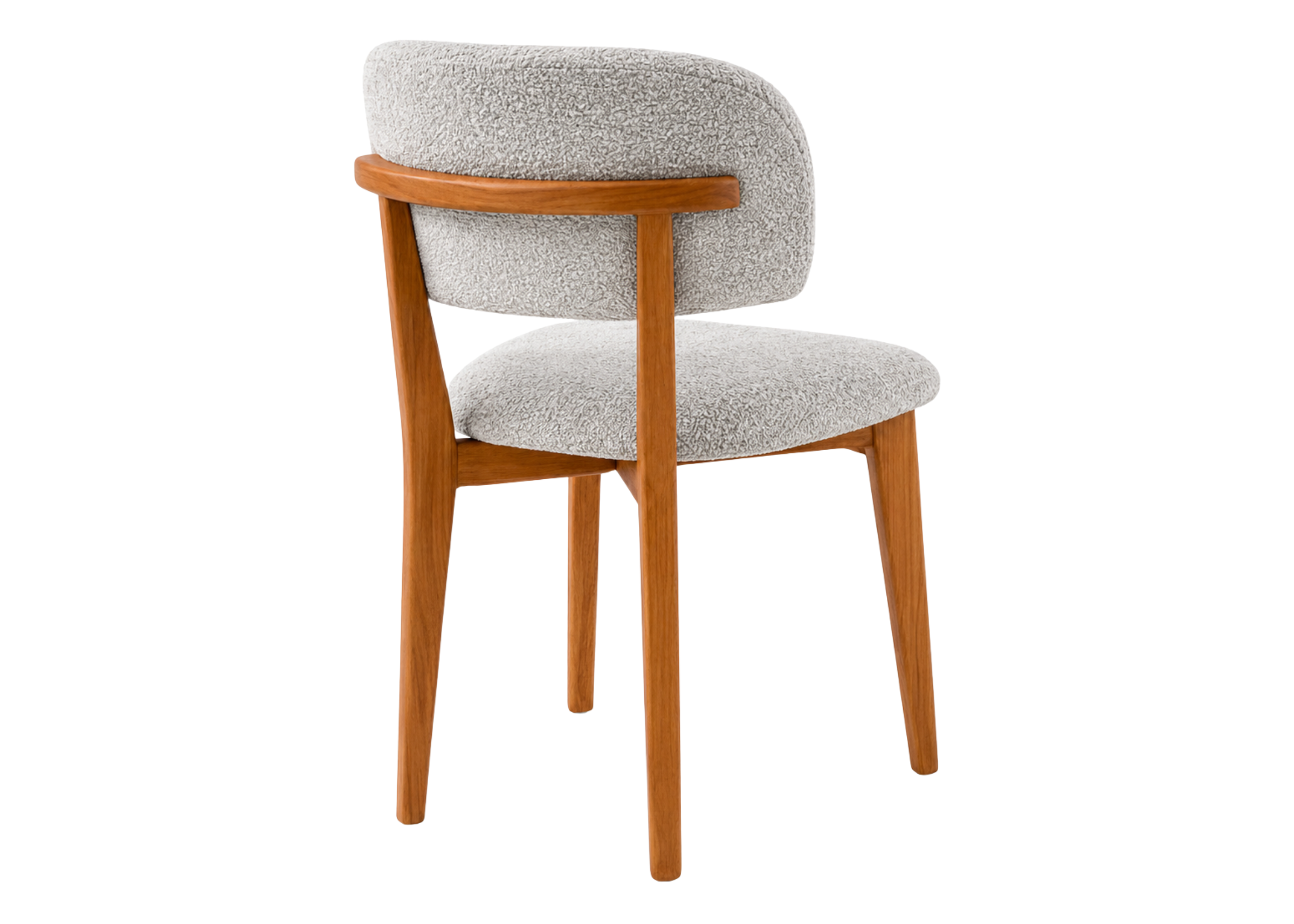 Cadeira Fiore em madeira mel com revestimento em bouclé off white, ideal para compor ambientes acolhedores e refinados.