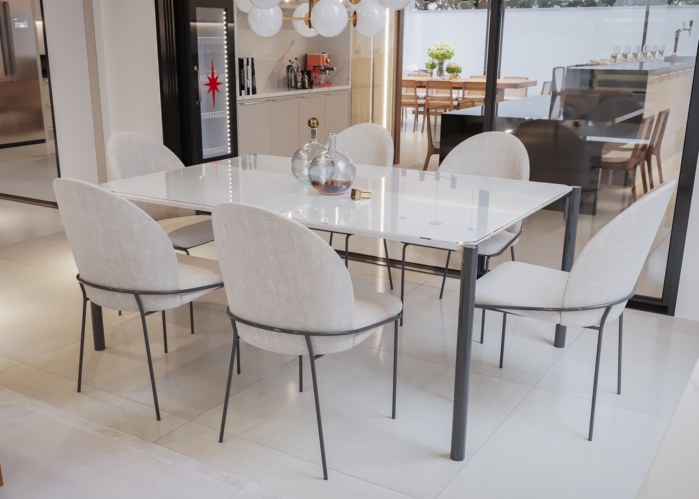 Cadeira Fit com detalhes que valorizam o conforto, revestimento cinza claro e base em aço carbono, apresentando design elegante e sofisticado, ideal para compor ambientes modernos e refinados.