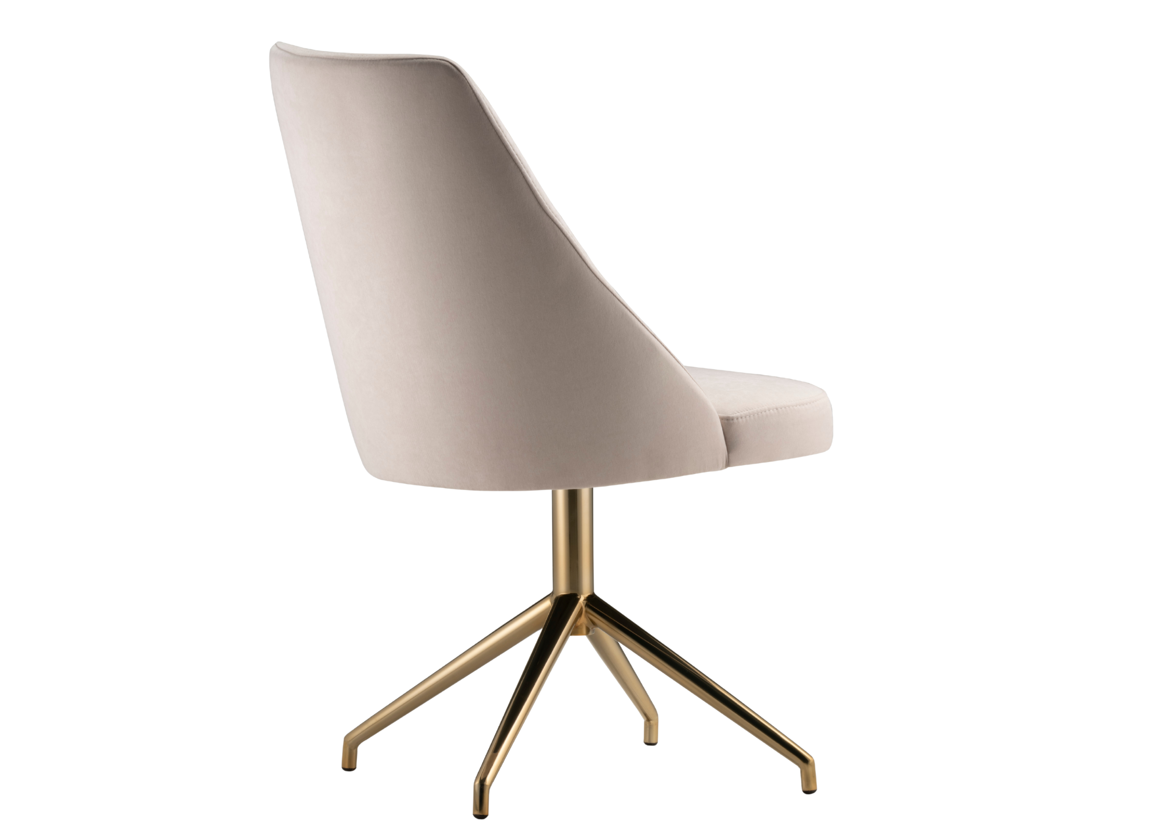 Cadeira giratória Adelle, base dourada e estofado em tecido, para sala de jantar. Móvel sofisticado e funcional para composições elegantes.
