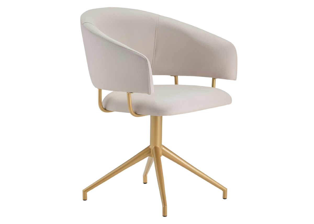 Cadeira giratória Rex com encosto confortável e revestimento em veludo off white, apresentando design elegante e sofisticado, ideal para compor ambientes modernos e refinados.