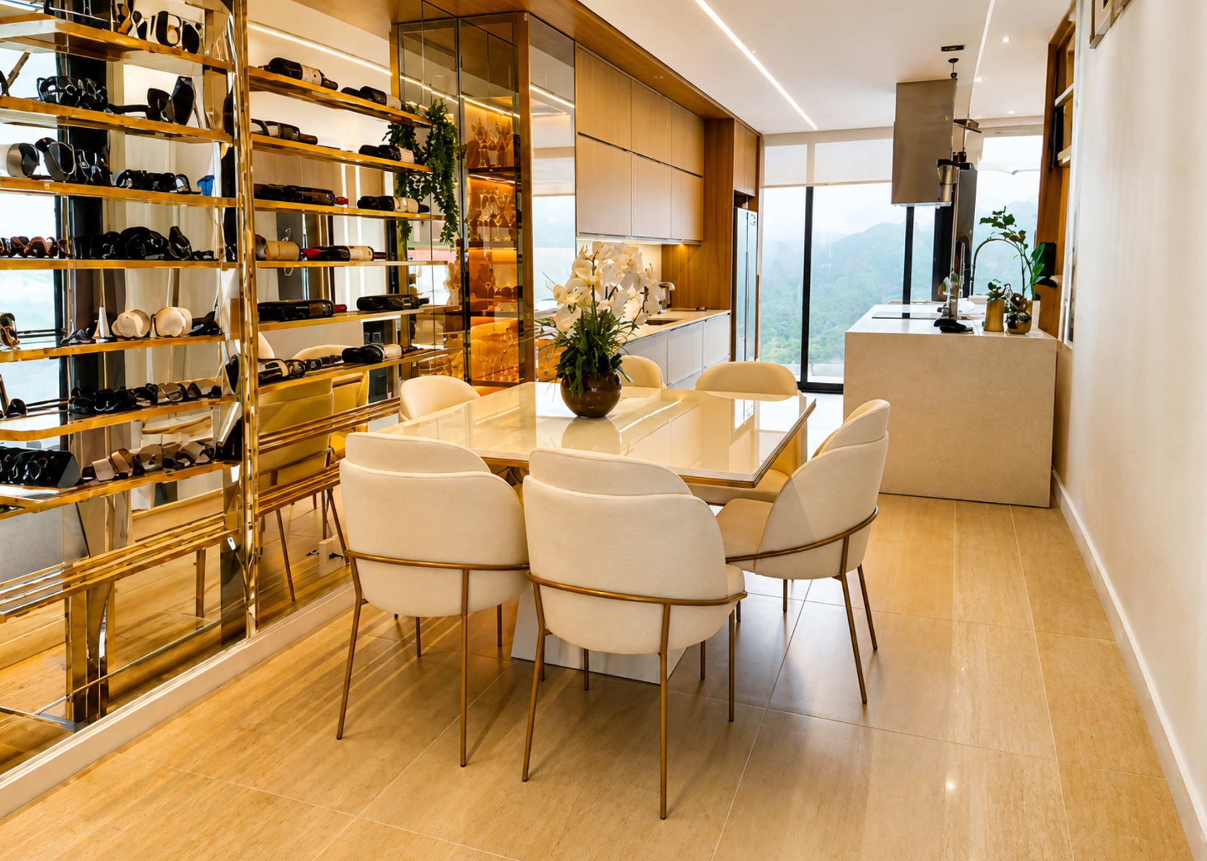 Cadeira Green em sala de jantar sofisticada, apresentando design elegante e confortável, ideal para compor ambientes modernos e refinados.