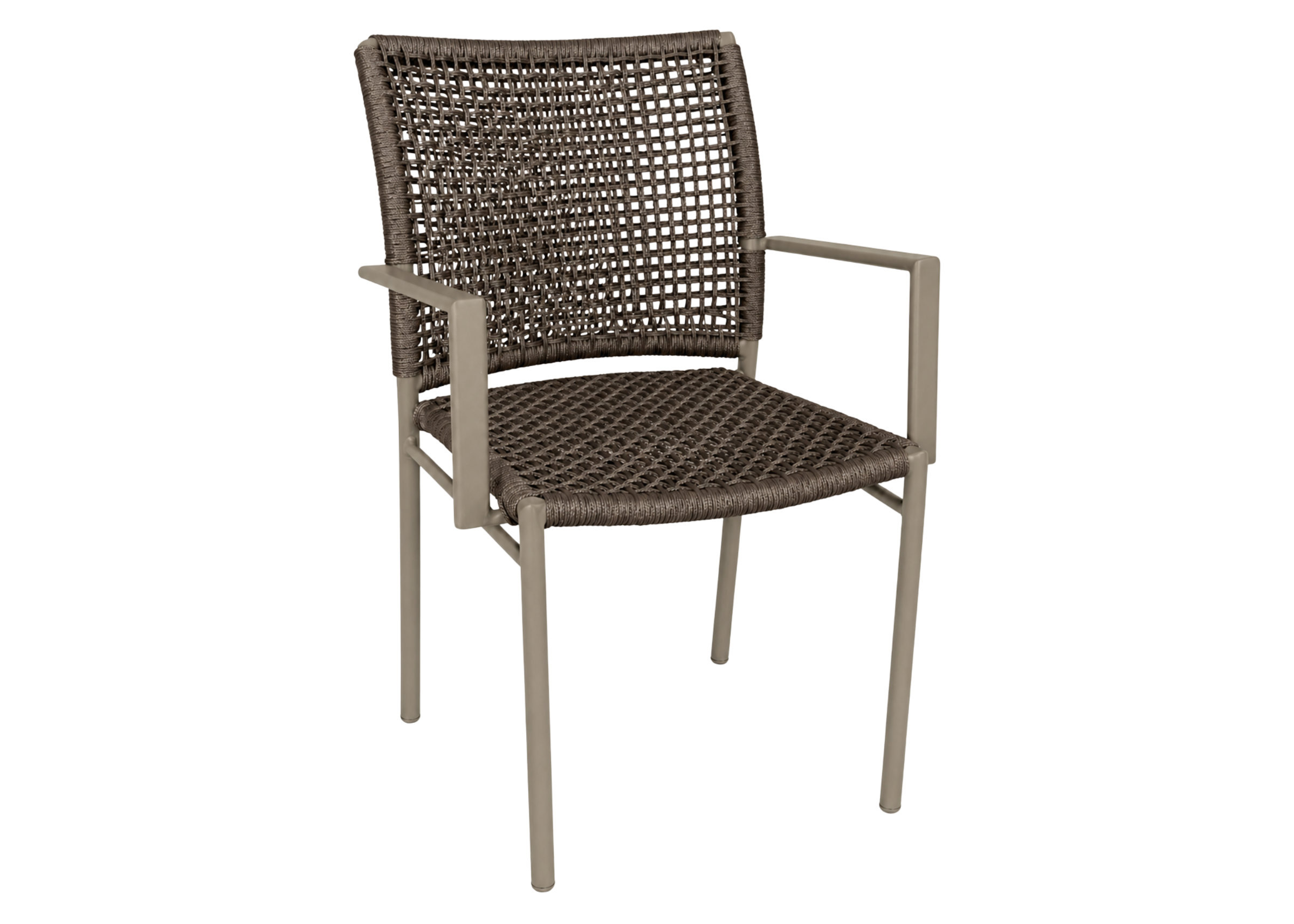Cadeira Hamma com braço para área externa, estrutura em alumínio e corda náutica, apresentando design moderno e resistente para ambientes ao ar livre.