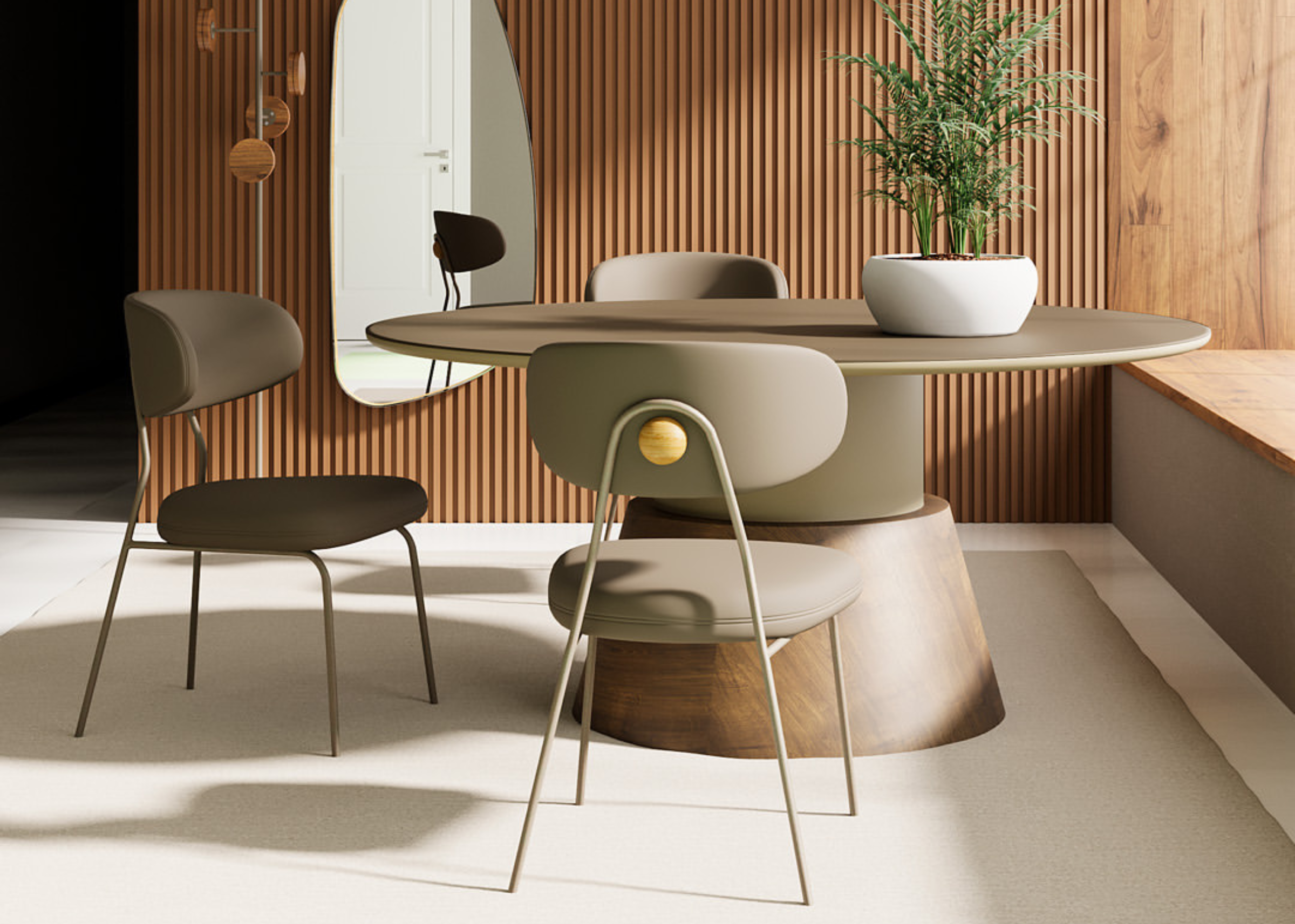 Cadeira de jantar com base em aço carbono verde e detalhe em madeira natural, design moderno e sofisticado. Ideal para salas de jantar contemporâneas.