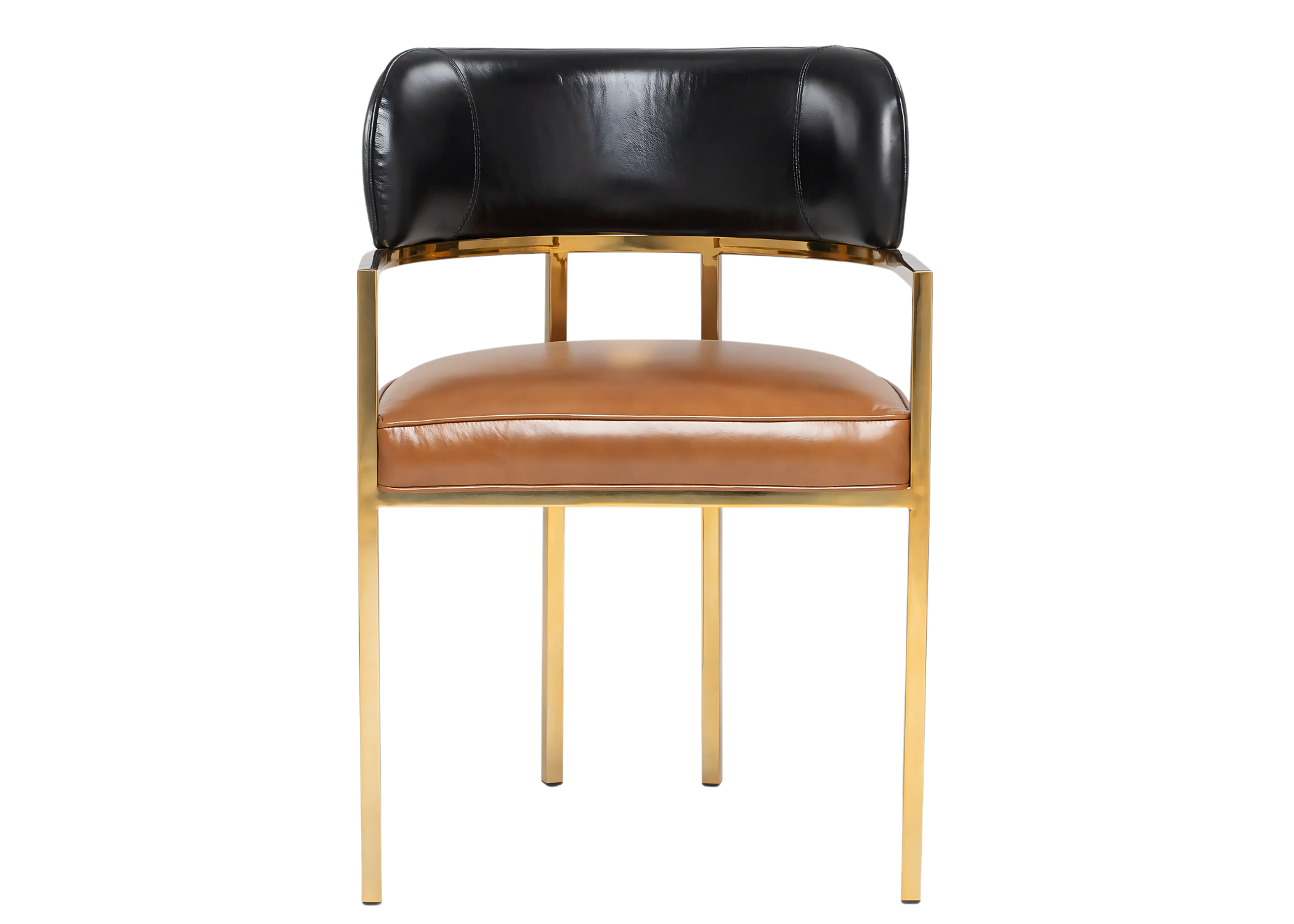 Cadeira de jantar com base em inox dourado e revestimento em couro, luxuosa e ideal para salas de jantar sofisticadas.