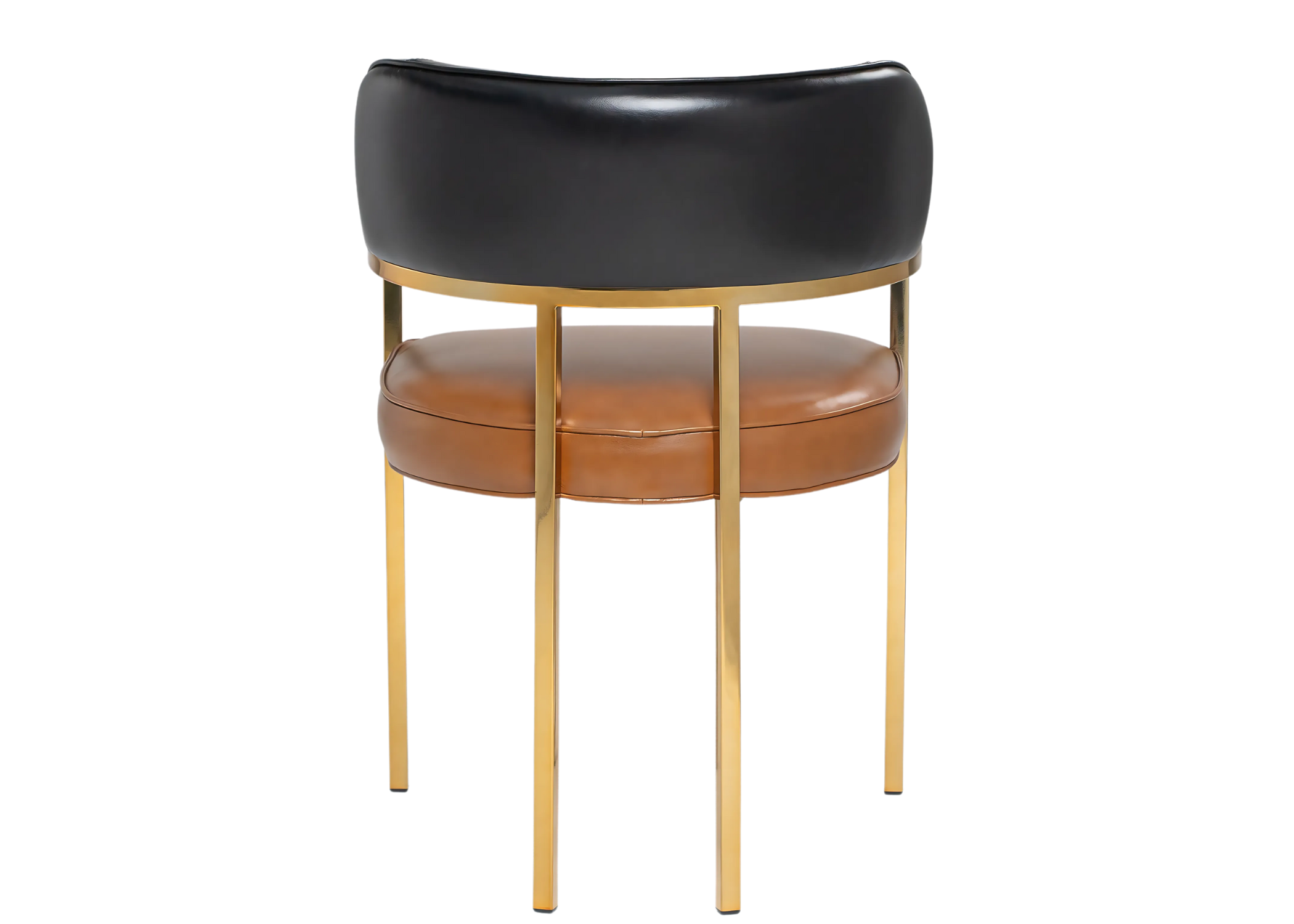 Cadeira de jantar com base em inox dourado e estofado em couro natural marrom, modelo Flora, perfeita para salas de jantar modernas e elegantes.