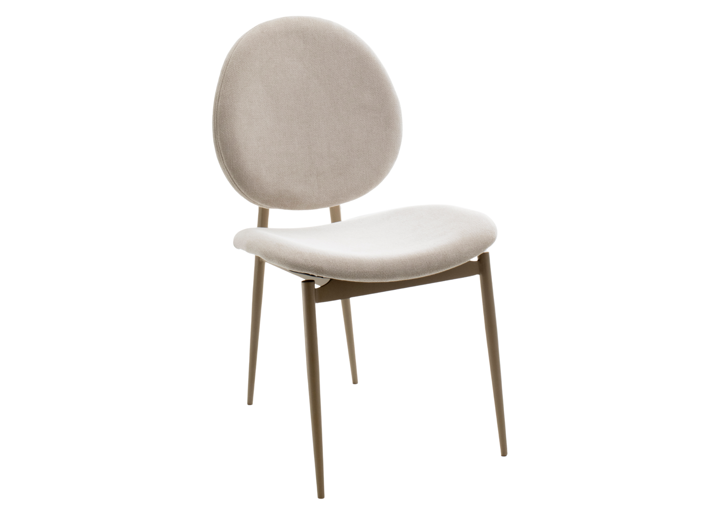 Cadeira de jantar modelo Ovalis estofada, com revestimento em tecido off white, design moderno e elegante, ideal para salas de jantar sofisticadas.