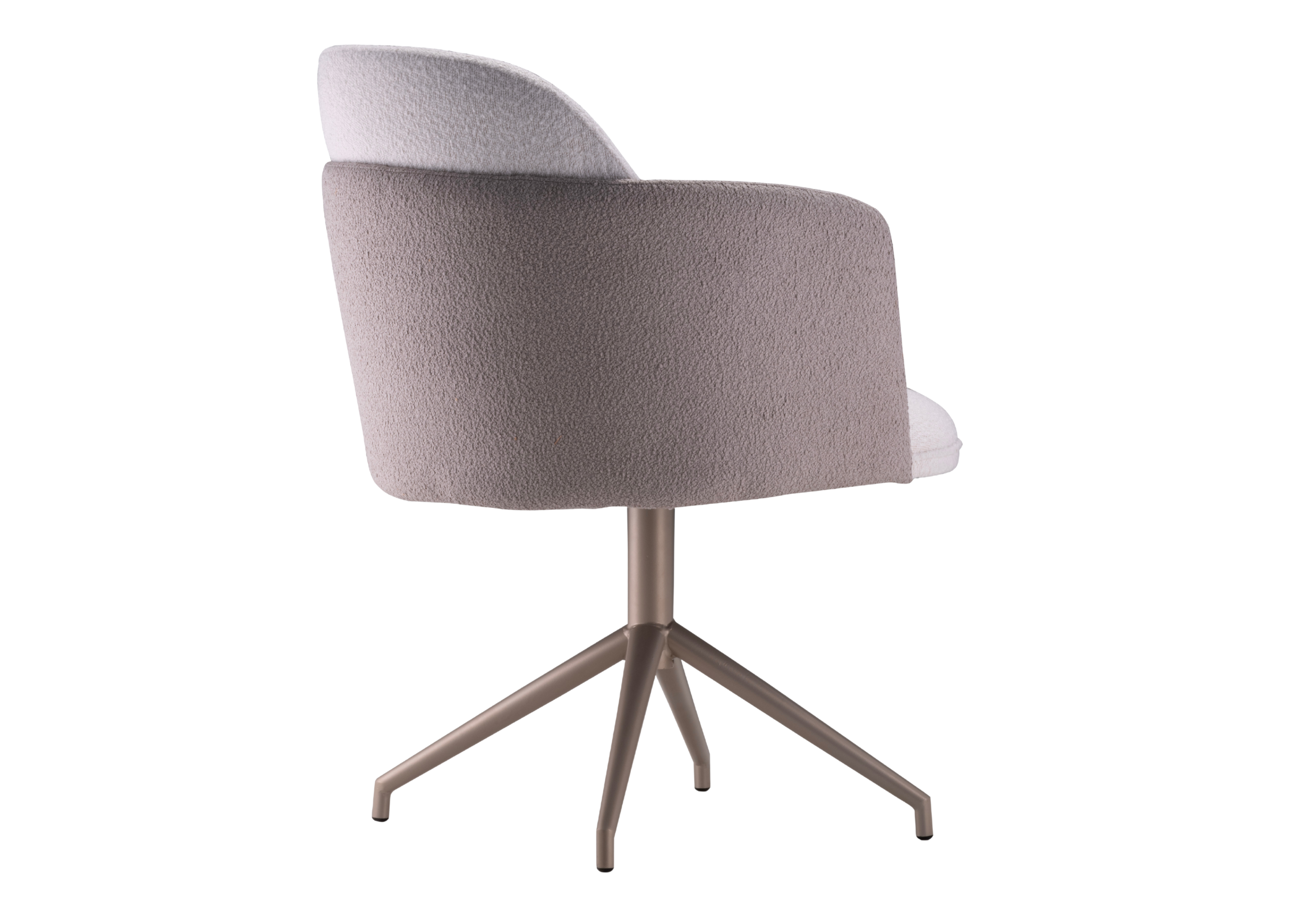 Cadeira de jantar Claribel giratória estofada em tecido bouclê cinza e off-white. Móvel elegante e moderno para composições sofisticadas em salas de jantar.