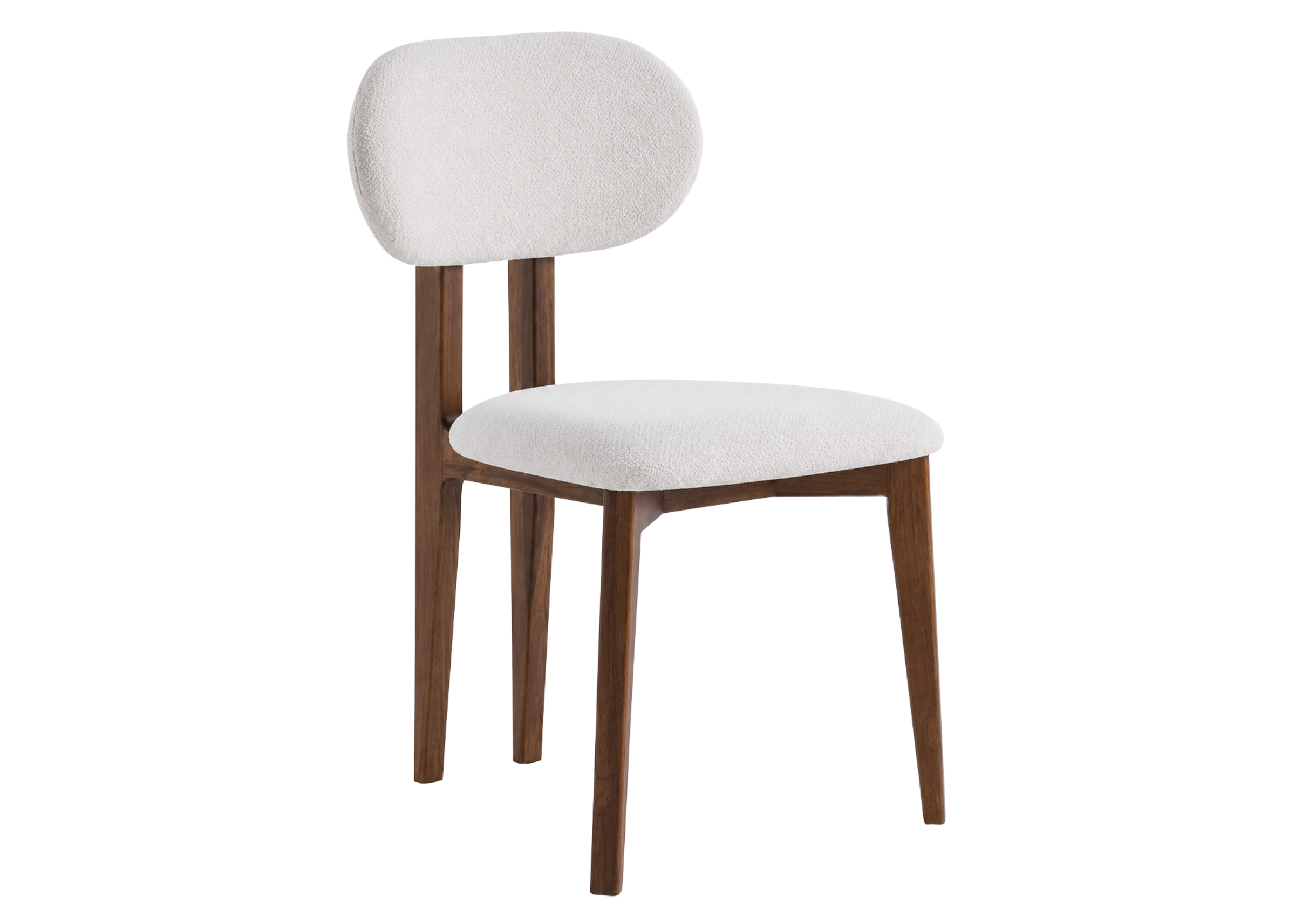 Cadeira de jantar Halo com base em madeira e revestimento em bouclé branco, apresentando design elegante e sofisticado para ambientes modernos.