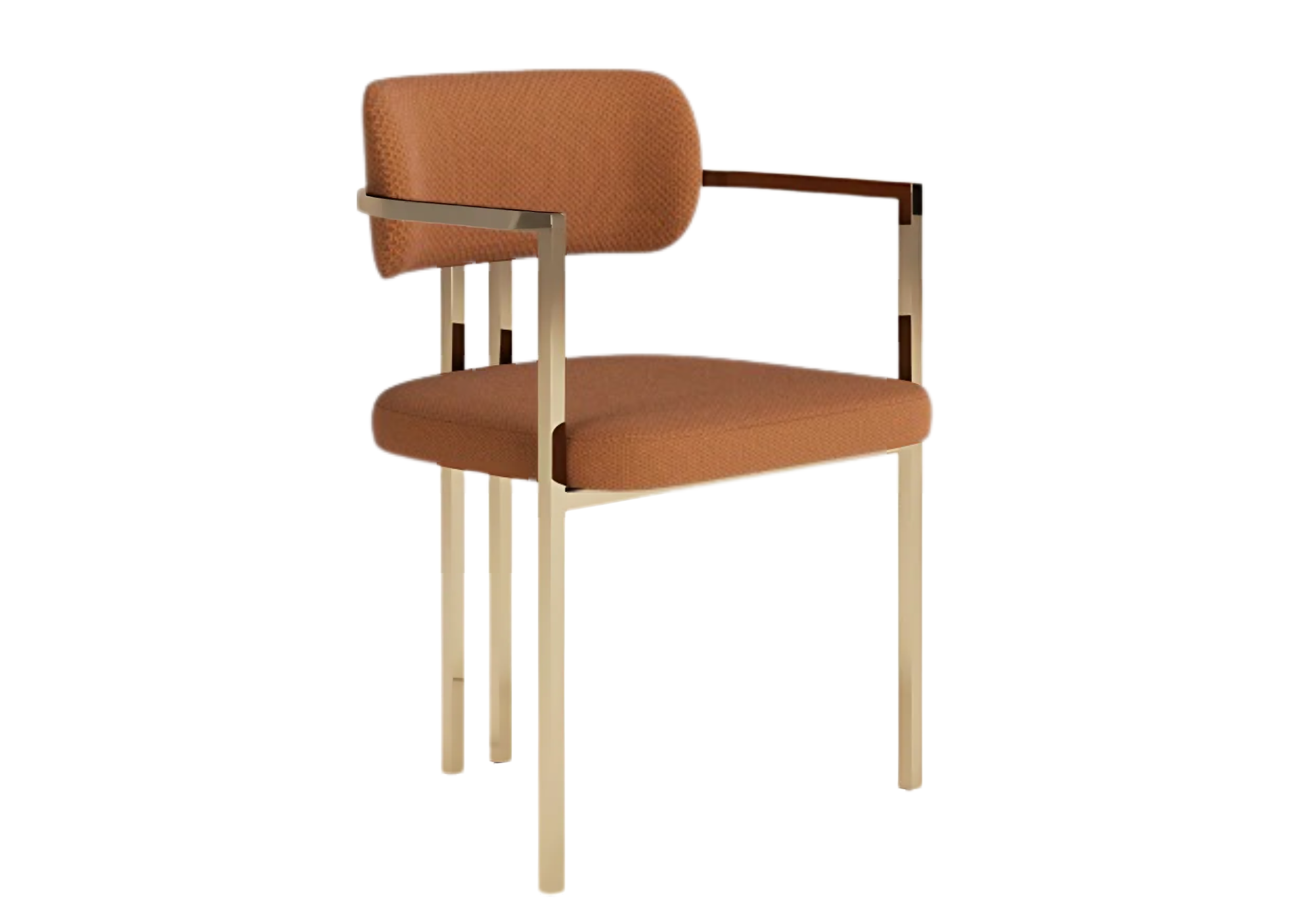 Cadeira de jantar luxuosa, com base em inox 304 dourado e encosto vazado, modelo Vogue, combinação perfeita de elegância e modernidade.