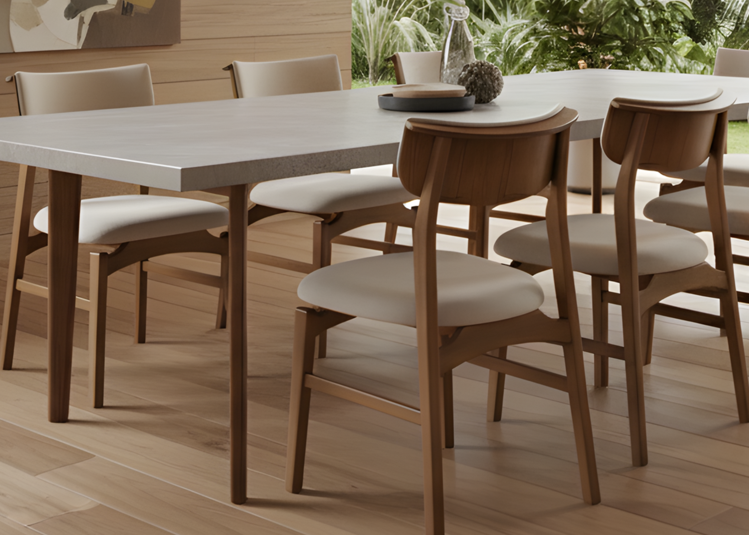 Cadeira de jantar modelo Ninho com design orgânico e base em madeira, estilo moderno e elegante, ideal para salas de jantar sofisticadas.