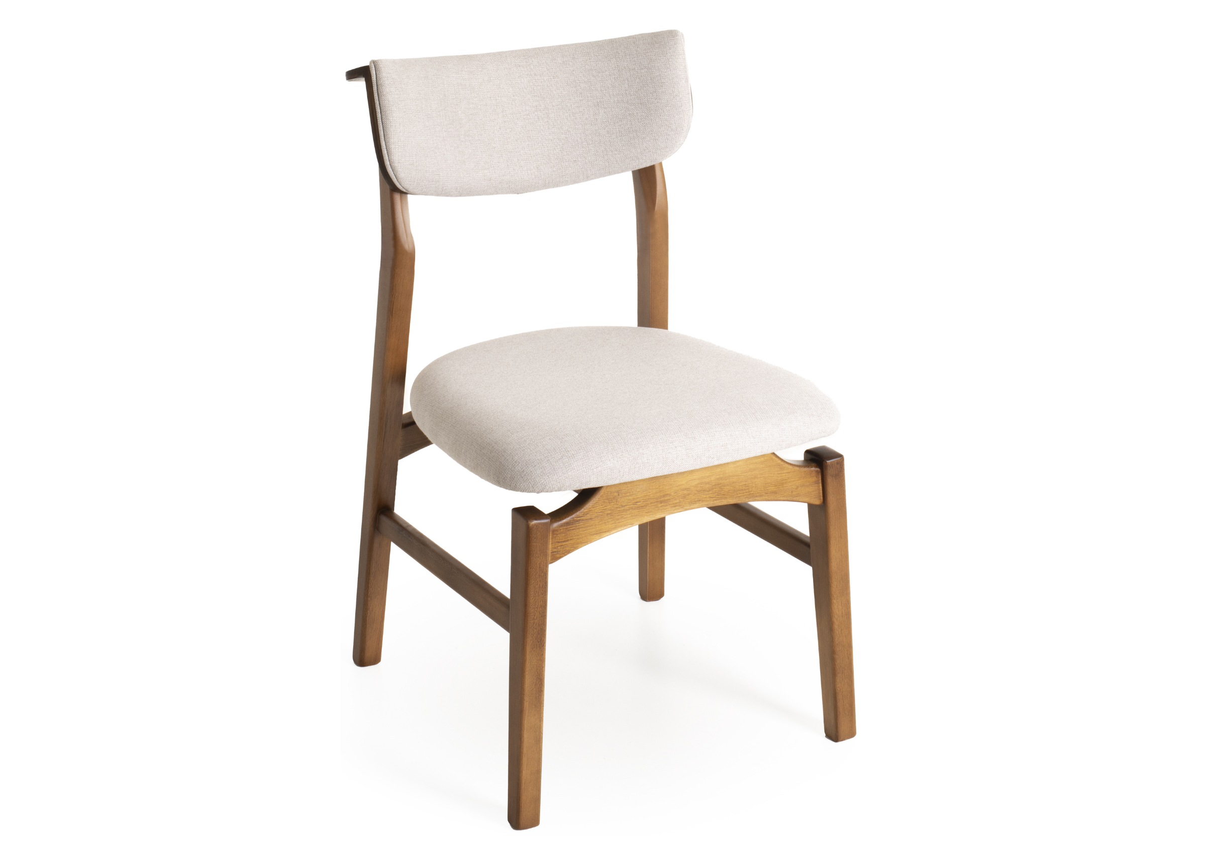 Cadeira de jantar modelo Ninho com design orgânico, base em madeira na cor mel e revestimento em bouclé off white, ideal para salas de jantar modernas e elegantes.