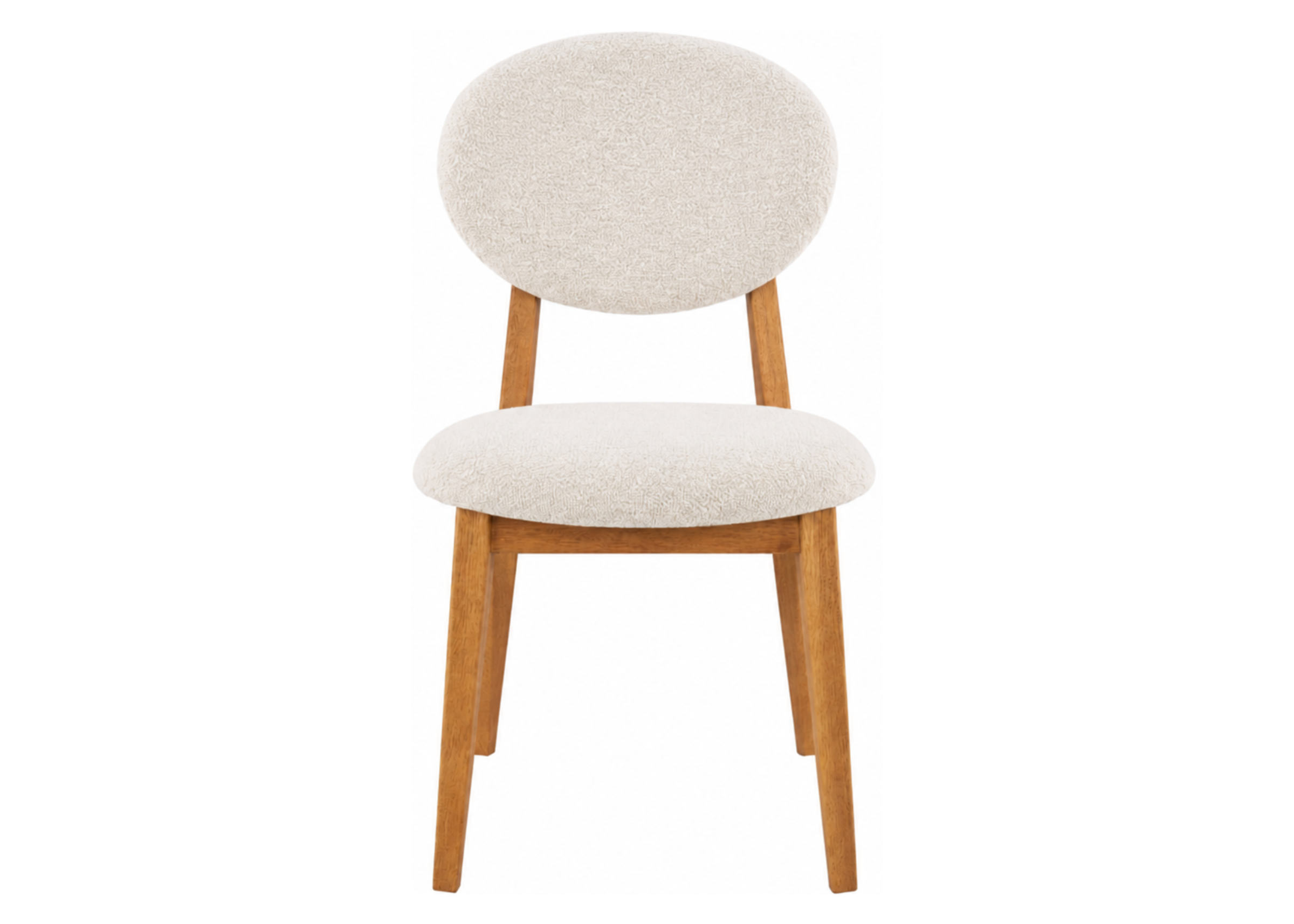 Cadeira Magnólia com base em madeira mel e revestimento em bouclé off white, oferecendo conforto e elegância para ambientes contemporâneos.