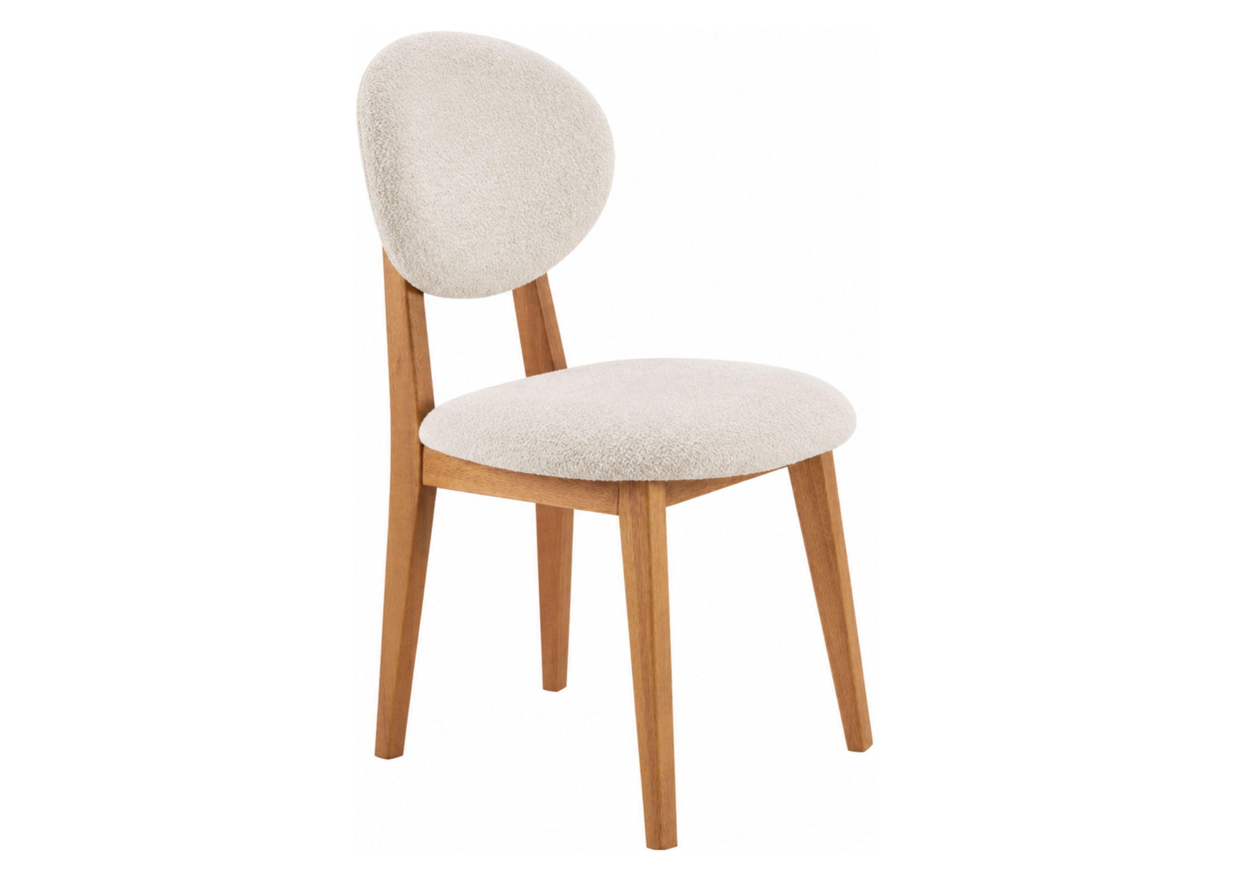 Cadeira Magnólia com revestimento em bouclé off white e base em madeira mel, apresentando design elegante e sofisticado para ambientes modernos.