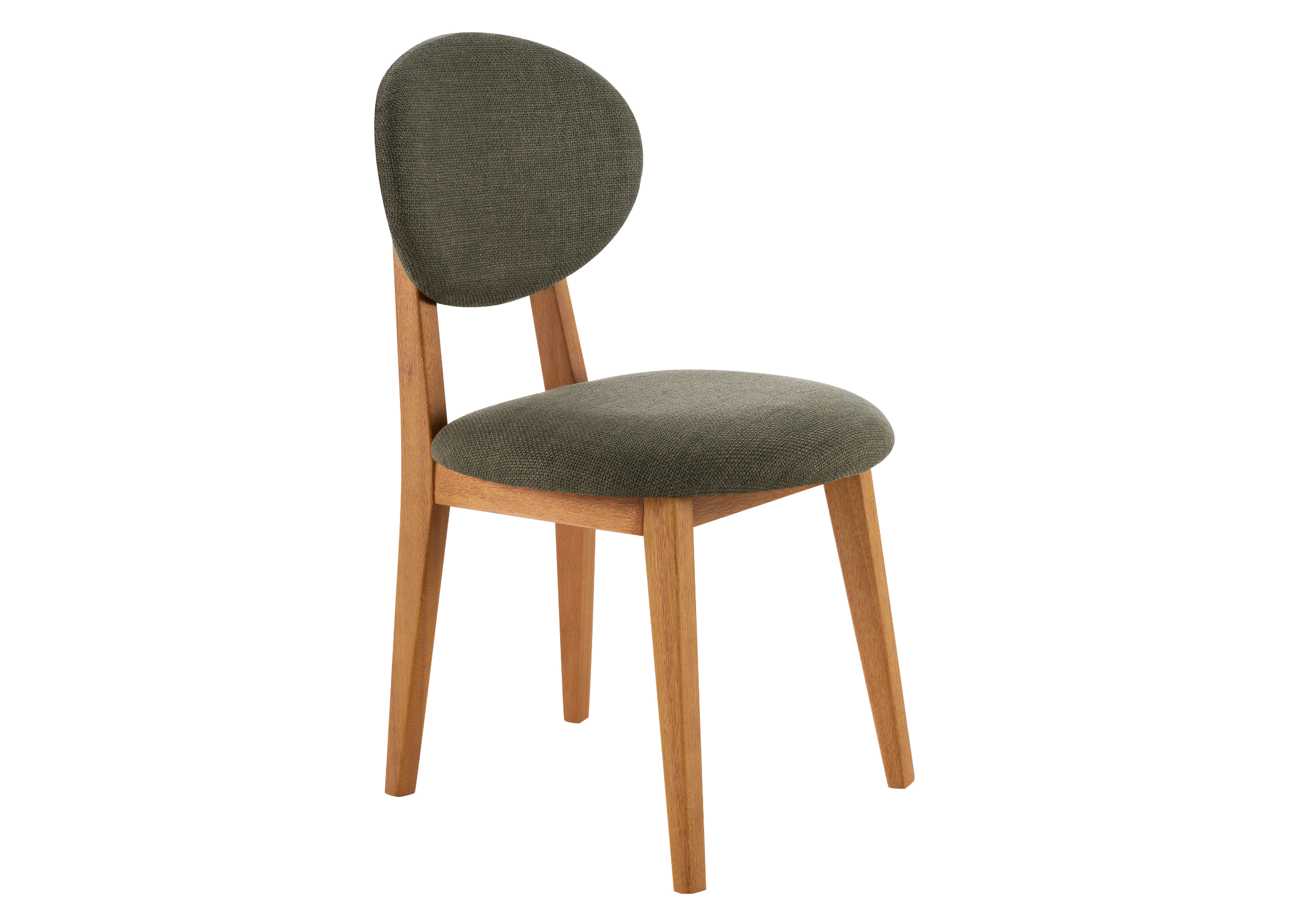Cadeira Magnólia com revestimento em bouclé verde escuro e base em madeira mel, apresentando design elegante e sofisticado para ambientes modernos.