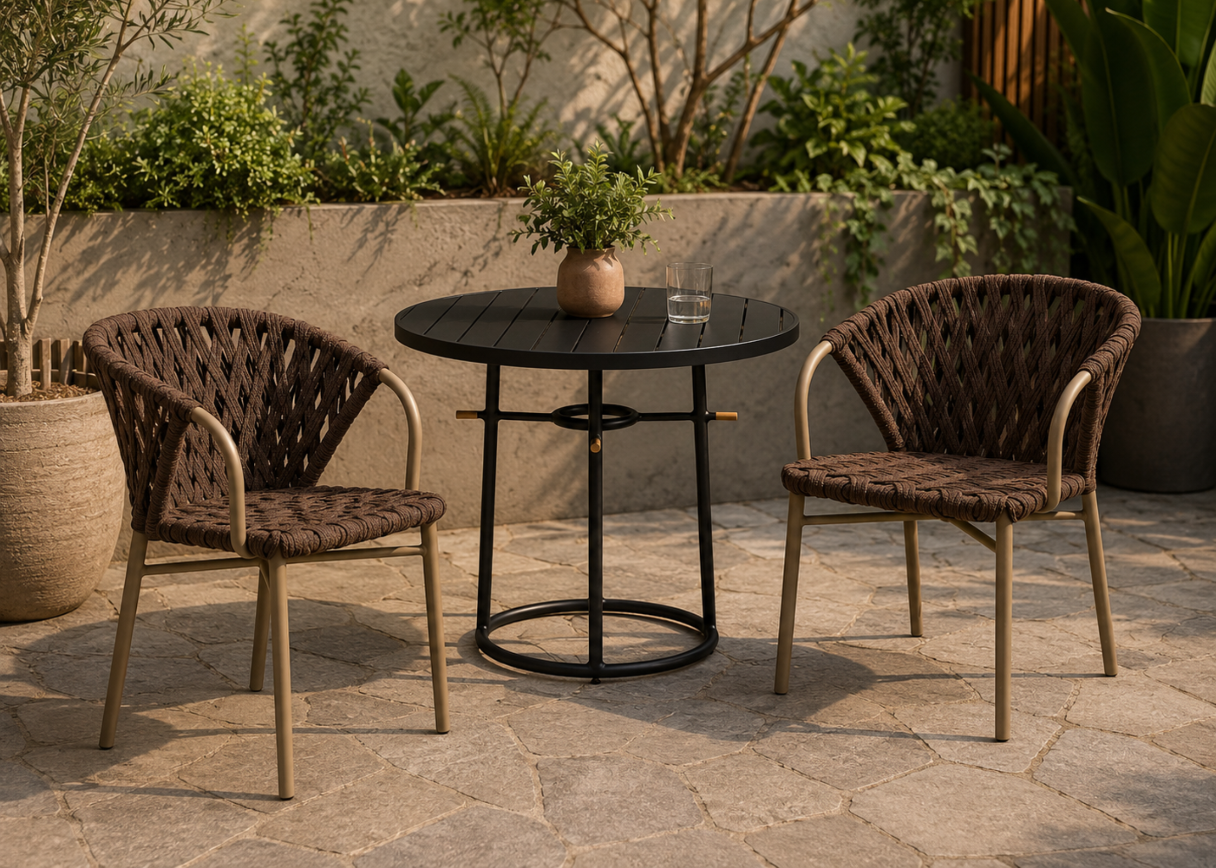 Cadeira Manhattan com design moderno para área externa, estrutura em alumínio e acabamento em corda náutica, ideal para compor espaços elegantes e acolhedores.