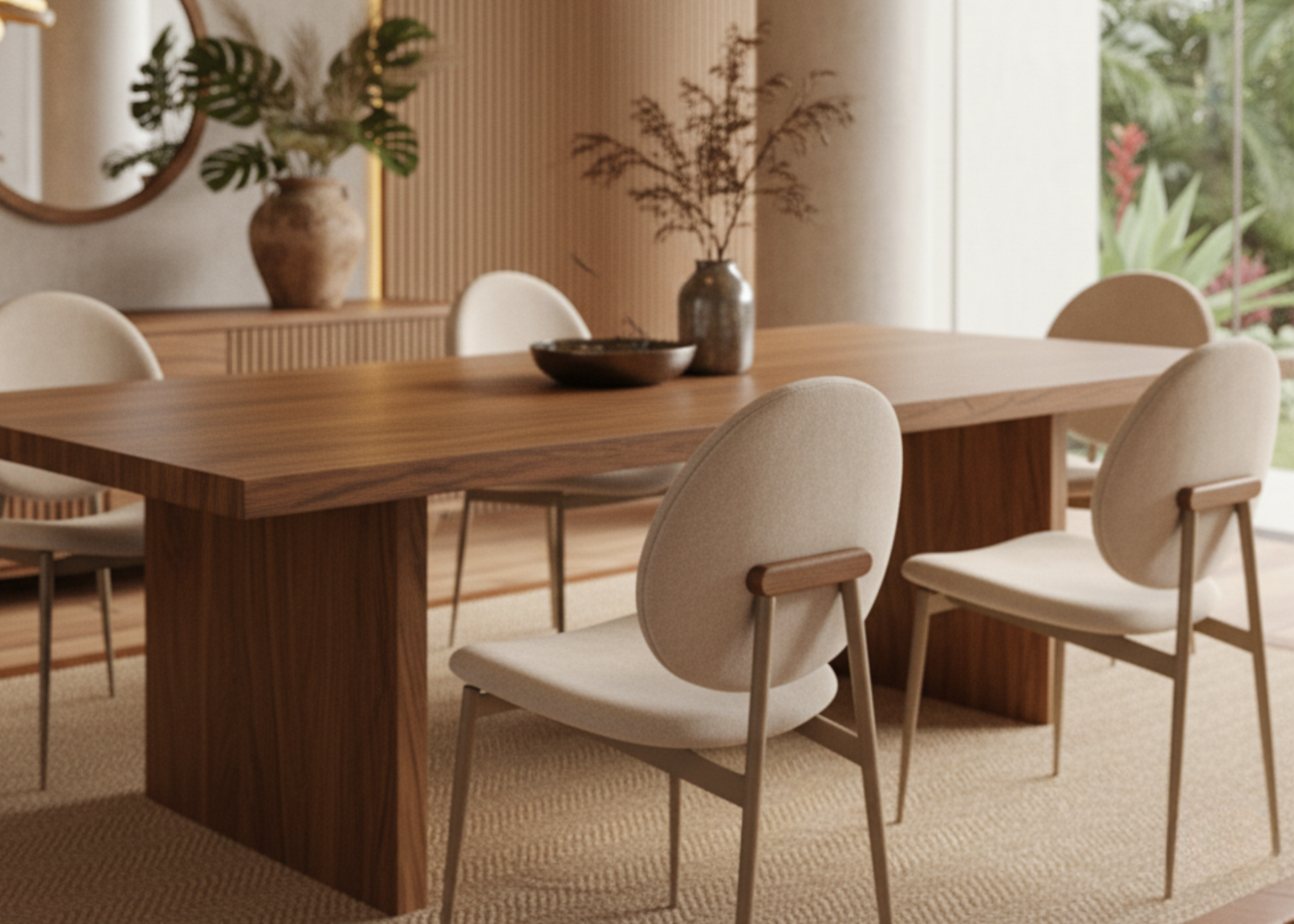 Cadeira Ovalis para sala de jantar, com revestimento em tecido off-white e base em aço carbono na cor bronze, combinando elegância e modernidade.