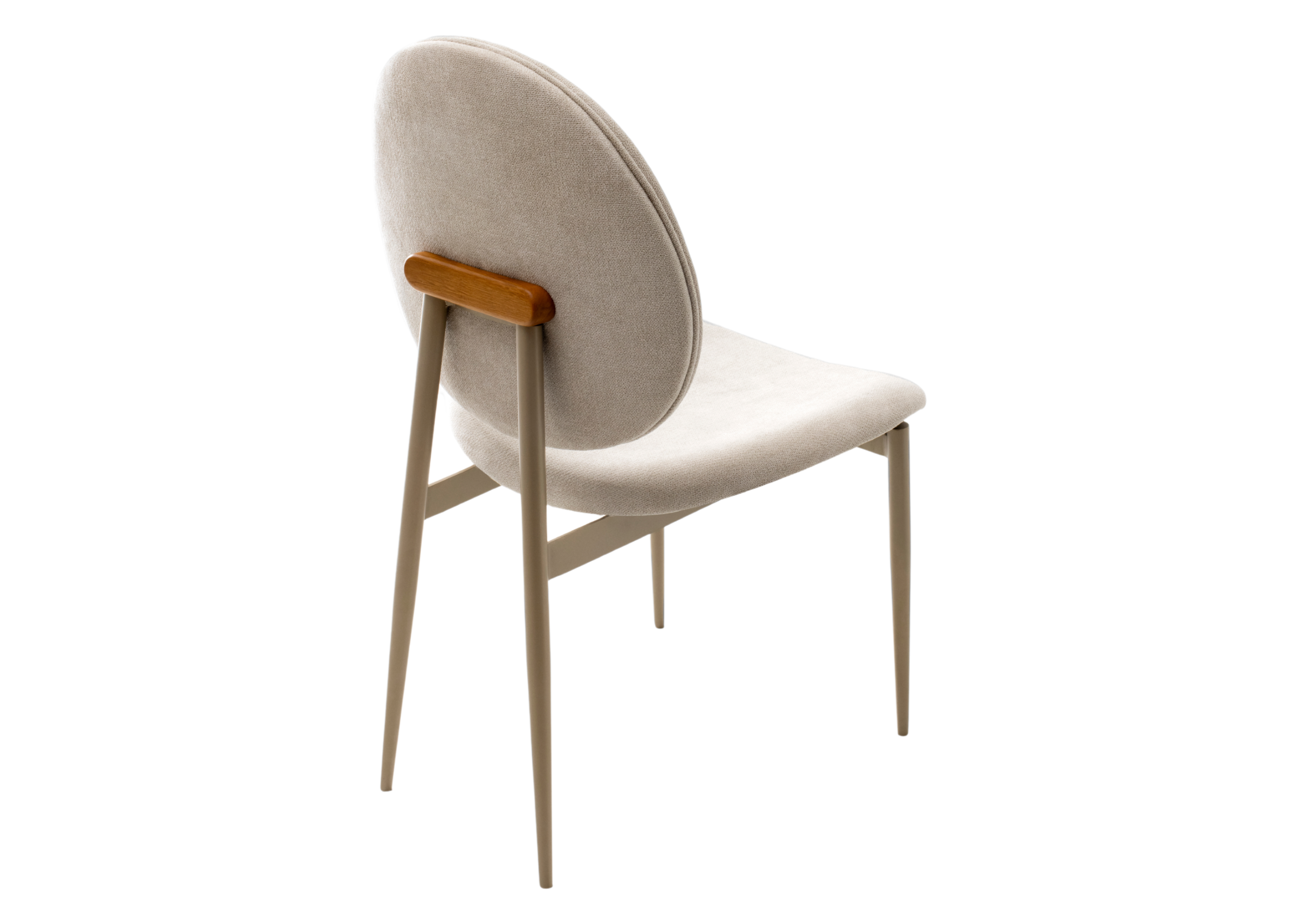 Cadeira para sala de jantar modelo Ovalis, com base em aço carbono e detalhe em madeira, design contemporâneo e sofisticado, ideal para ambientes elegantes.