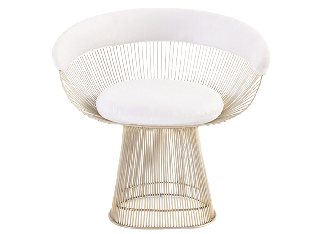 Cadeira Platner vista frontal com base cônica de hastes metálicas e assento estofado, peça de assinatura para ambientes modernos.