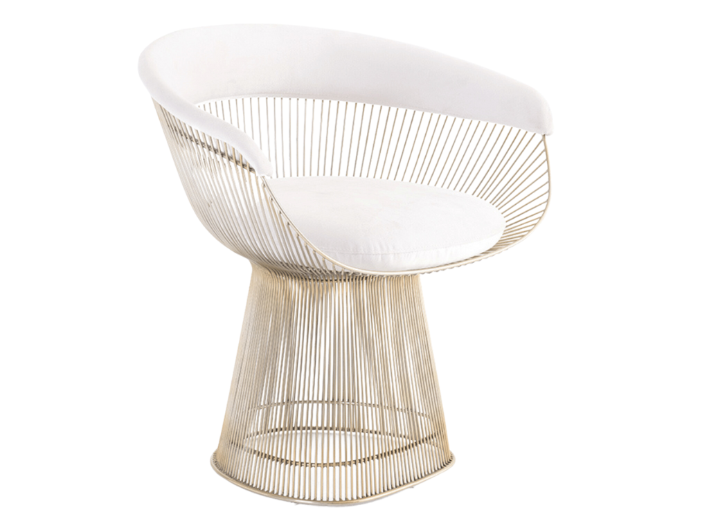 Cadeira Platner vista lateral com encosto arredondado e base em aço inox, perfeita para salas de jantar e áreas de estar sofisticadas.