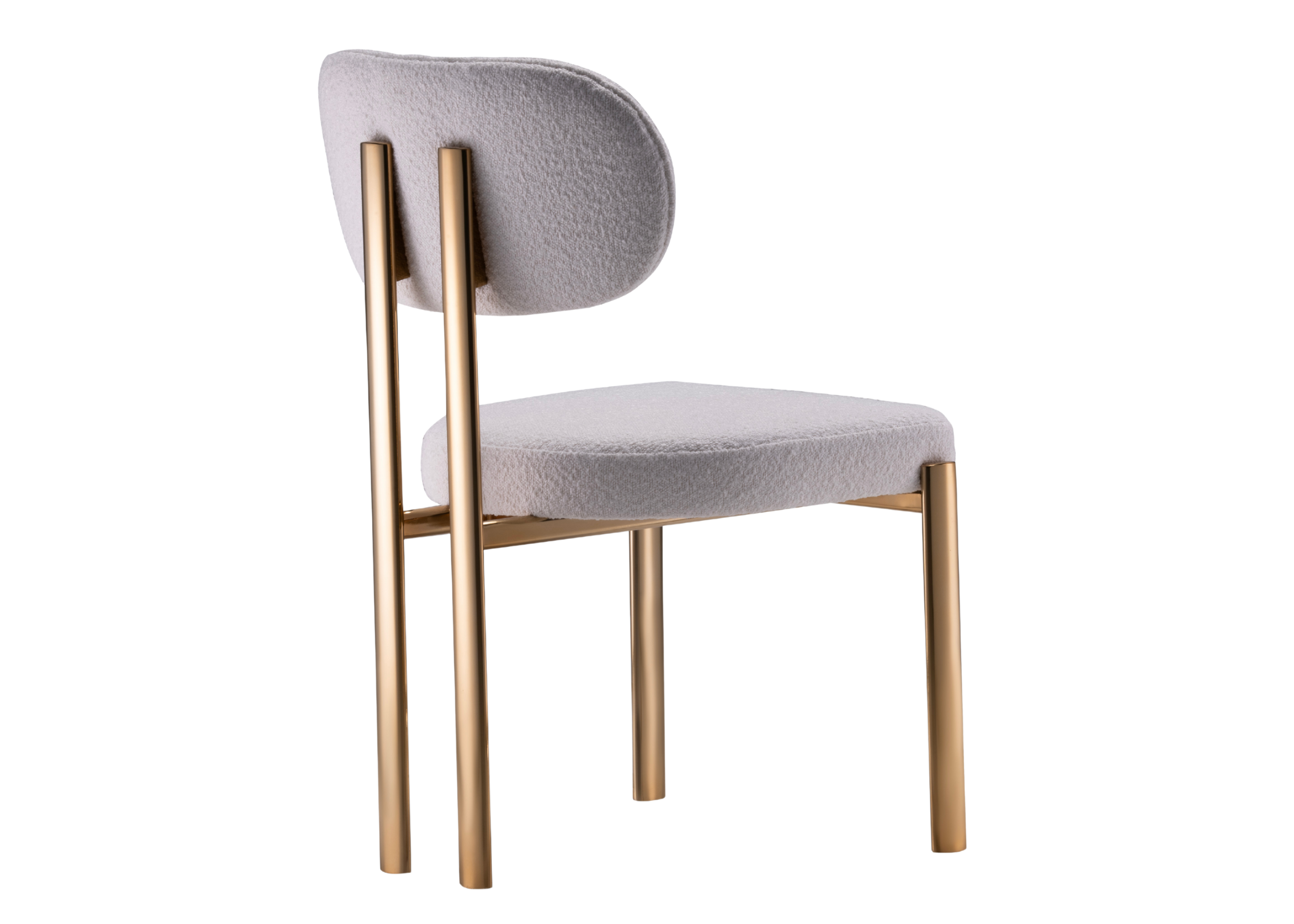 Cadeira Eloisa para sala de jantar com base dourada e acabamento sofisticado. Móvel elegante e refinado para composições modernas e ambientes sofisticados.