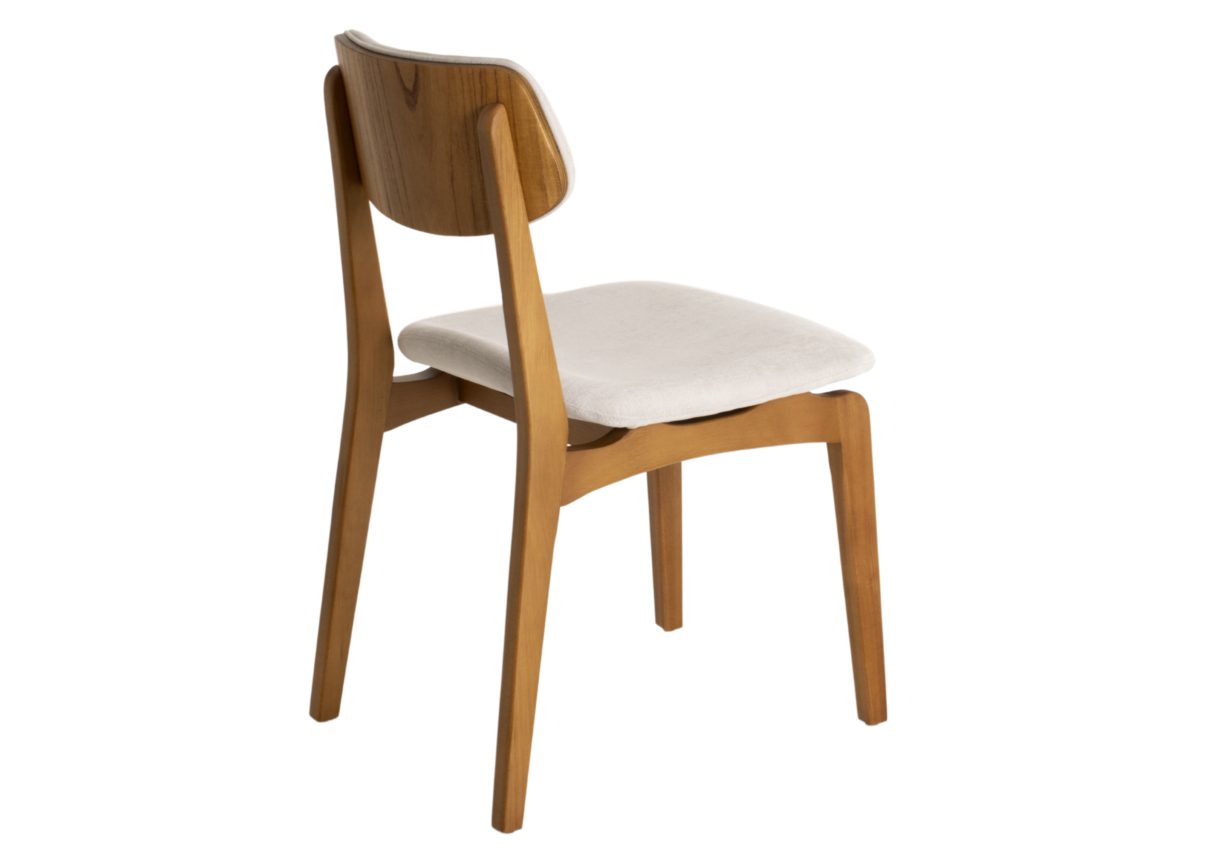 Cadeira para sala de jantar modelo Shell, com estrutura em madeira mel e assento estofado em tecido linho off-white, unindo conforto e design contemporâneo.