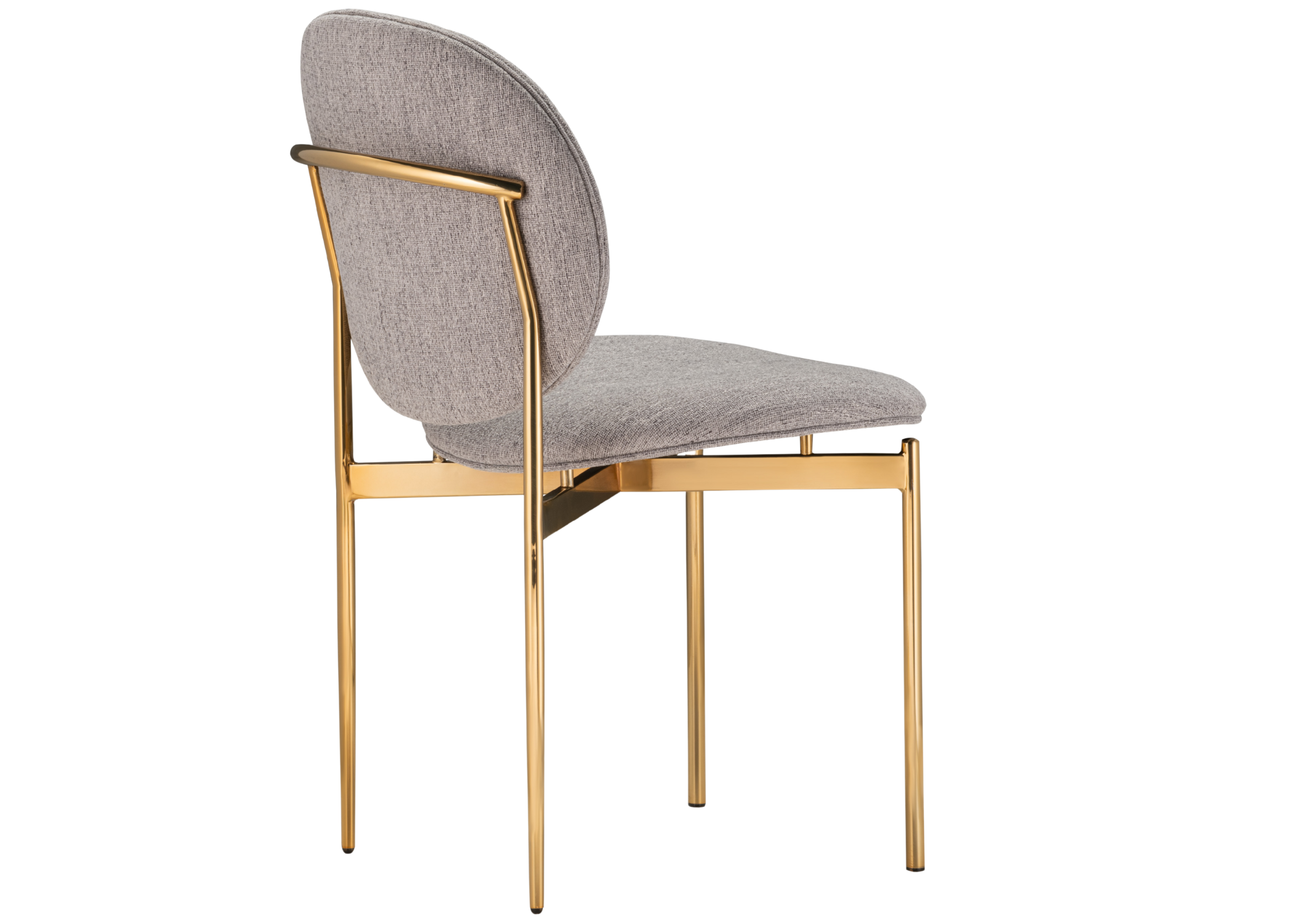 Cadeira Hayla para sala de jantar com revestimento em linho cinza e base dourada. Móvel elegante e sofisticado para composições modernas.
