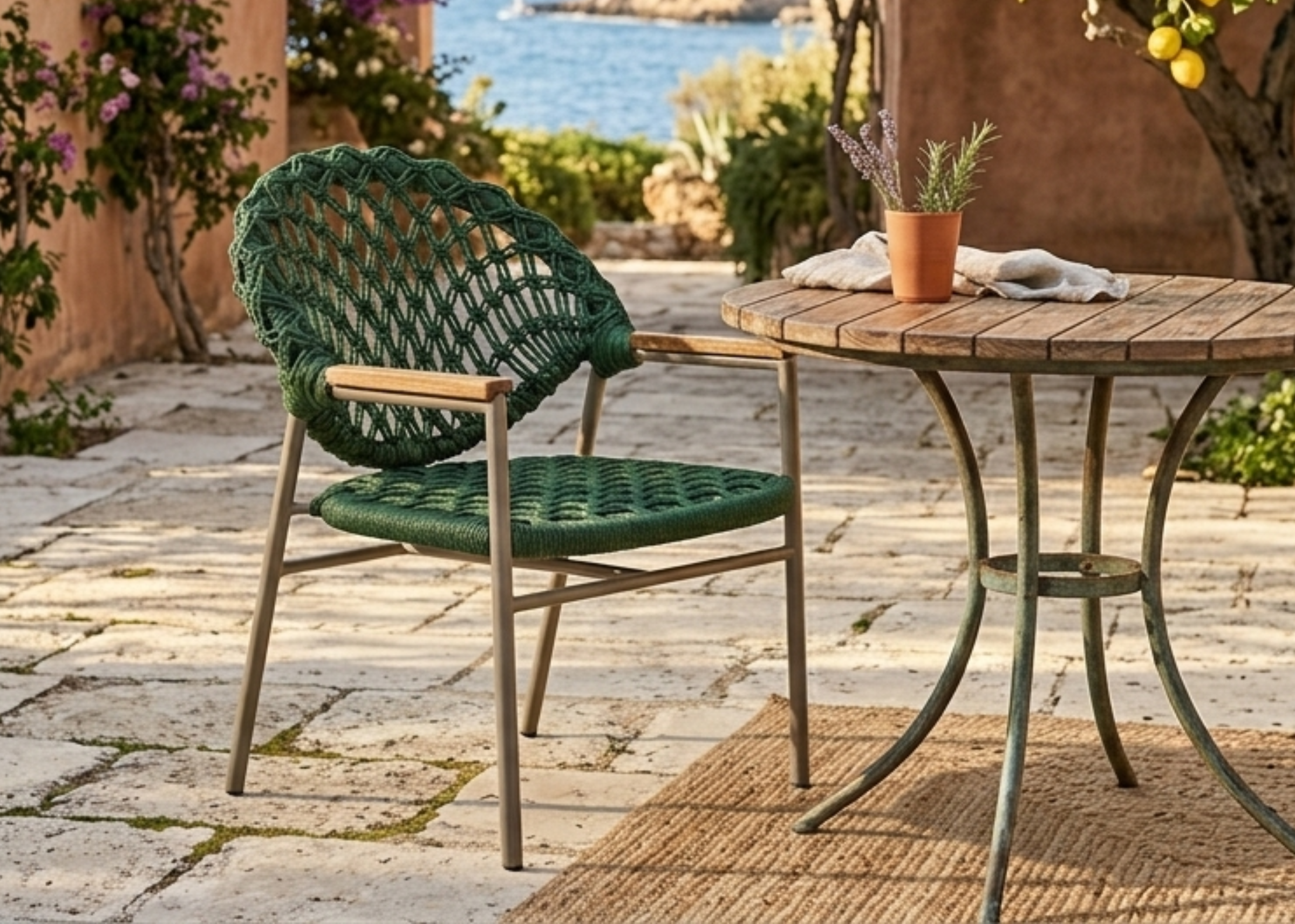 Cadeira Summer para área externa com corda náutica e estrutura em alumínio pintado, apresentando design moderno e sofisticado, ideal para compor ambientes externos elegantes.