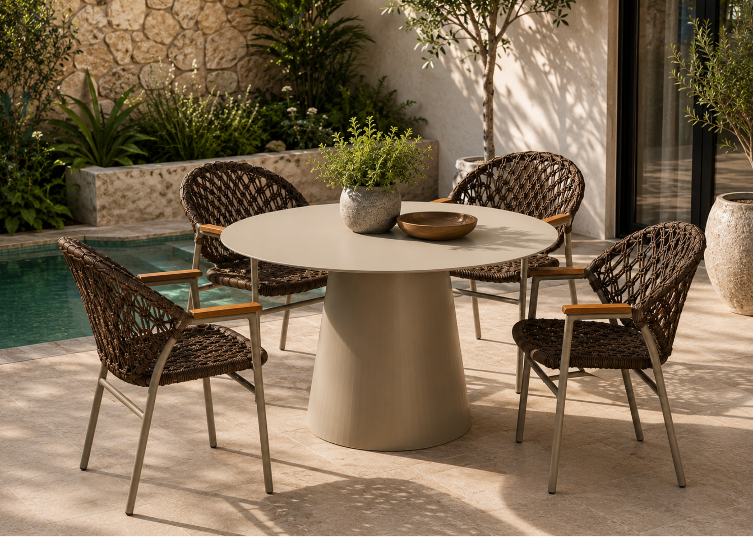 Cadeira Summer com design moderno, estrutura em alumínio, madeira cumaru e corda náutica, ideal para compor espaços externos elegantes e acolhedores.