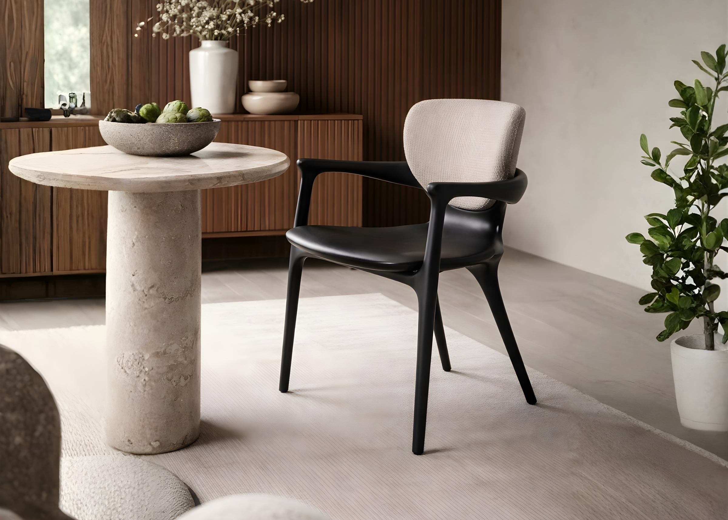 Cadeira Vértice em ambiente sofisticado e elegante, destacando design contemporâneo e conforto para composições refinadas.